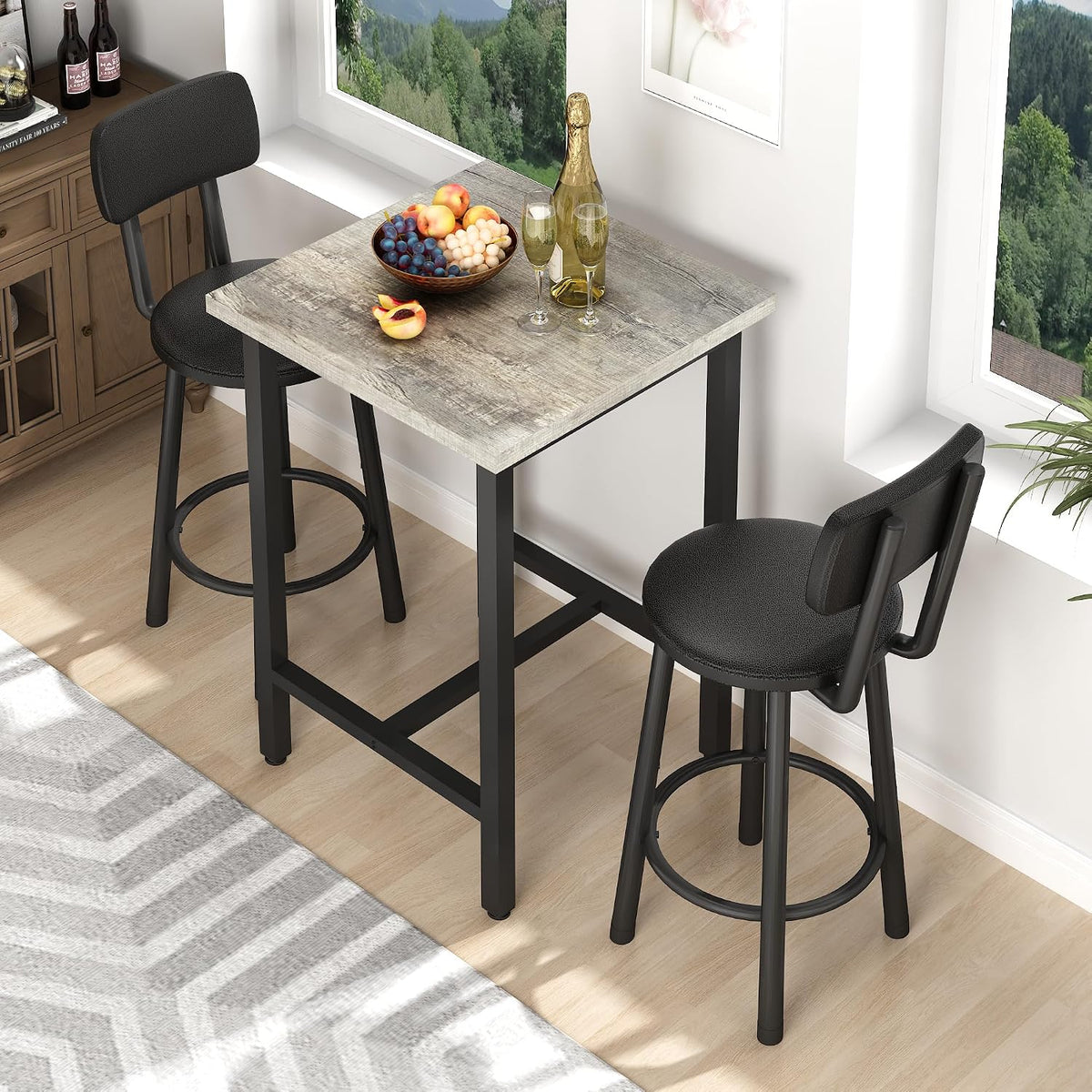 MOOSENG 3 Piece Counter Height Dining Table Set for 2, Bar Table Set of 2 Bistro Kitchen Table Sets with 2 PU Leather Bar Stools, Bar Table Set for Breakfast Nook Small Space
