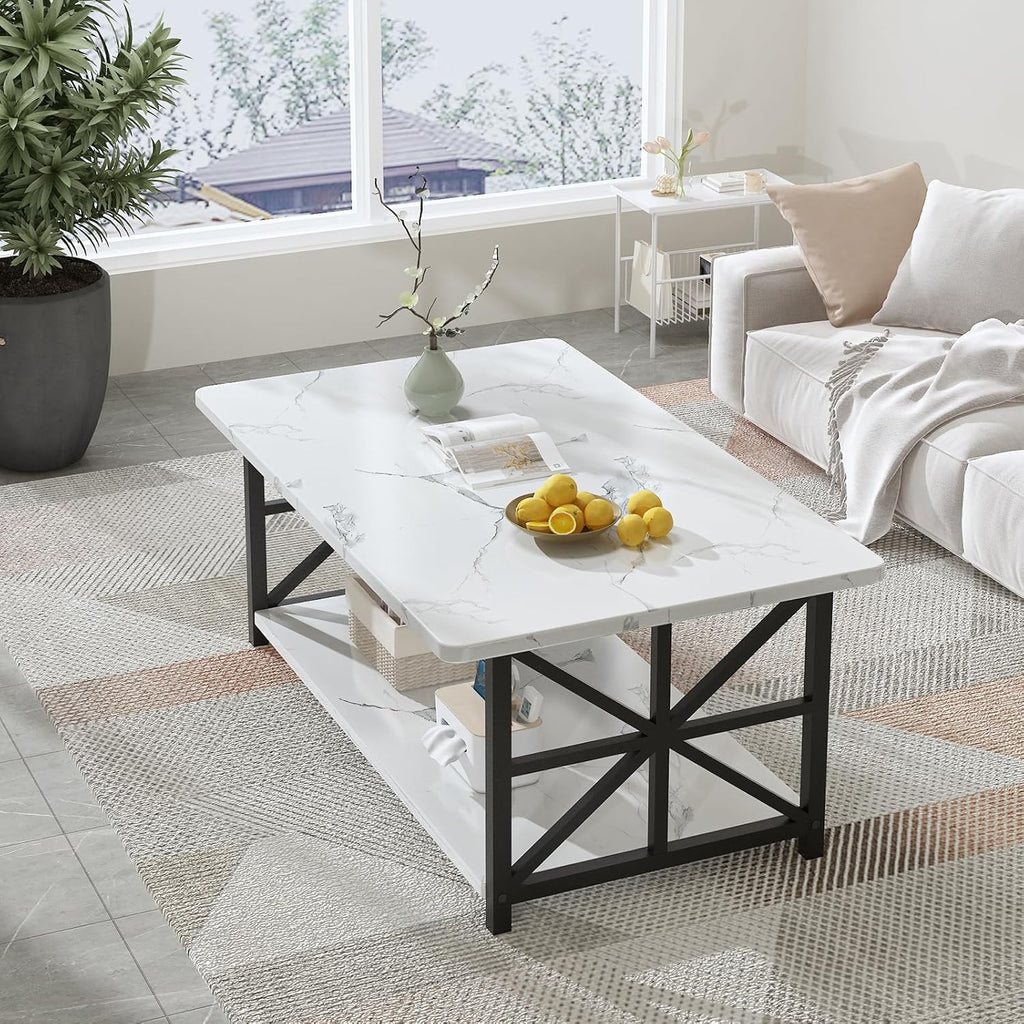 MOOSENG Coffee Table with Storage Shelf, 2-Tier Industrial Living Room Table Round Corners , Faux Marble Center Table with Metal Frame, Rustic Cocktail Table for Living Room