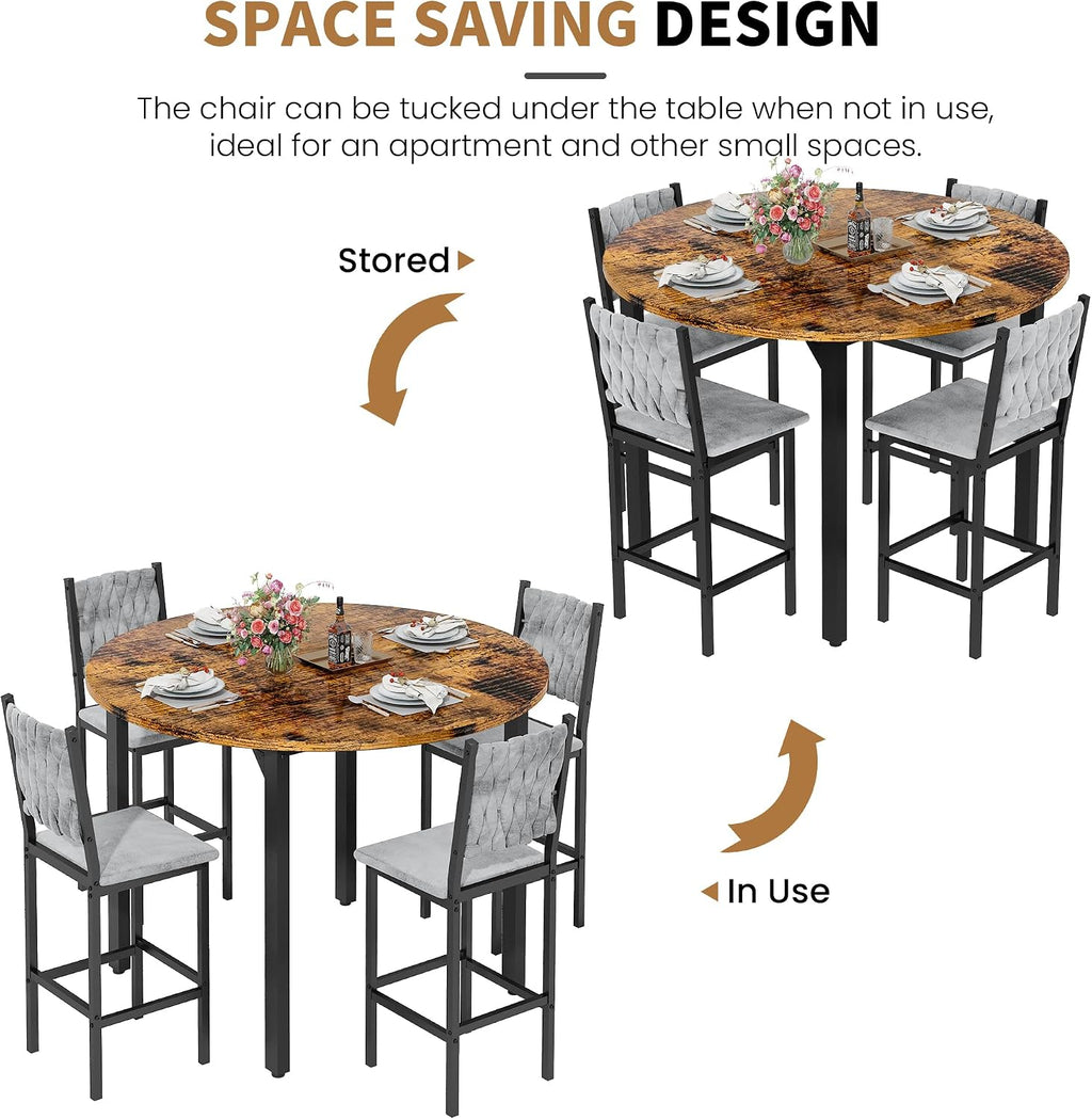 MOOSENG 5 Piece Round Dining Table Set for 4, Counter Height Dining Set with 4 Velvet Upholstered Chairs, Modern Kitchen Table Set, Round Dining Table & Chair for Small Spaces