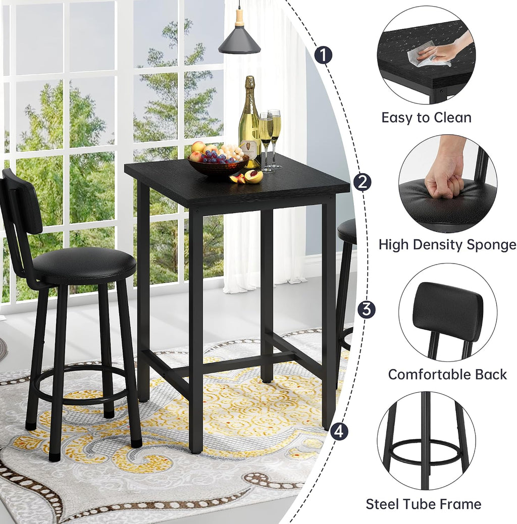 MOOSENG 3 Piece Counter Height Dining Table Set for 2, Bar Table Set of 2 Bistro Kitchen Table Sets with 2 PU Leather Bar Stools, Bar Table Set for Breakfast Nook Small Space