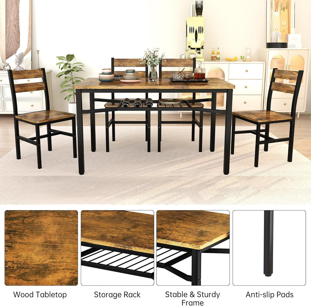 MOOSENG 5-Piece Dining Table Set with Wine Rack, Wood Kitchen Table and Set of 4 Chairs, Space-Saving Farmhouse Dinette Set for Breakfast Nook, Apartment Brown