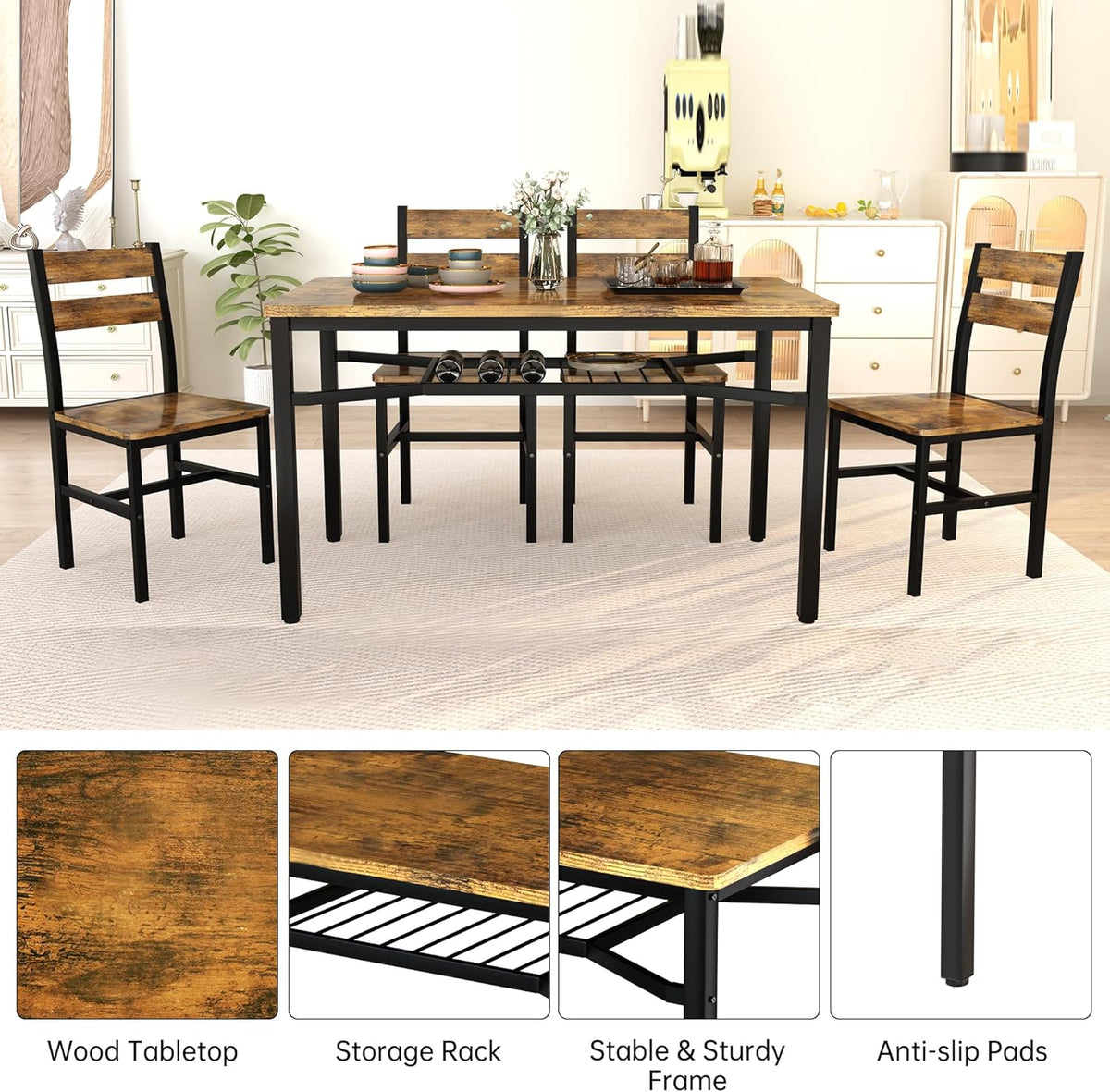 MOOSENG 5-Piece Dining Table Set with Wine Rack, Wood Kitchen Table and Set of 4 Chairs, Space-Saving Farmhouse Dinette Set for Breakfast Nook, Apartment Brown