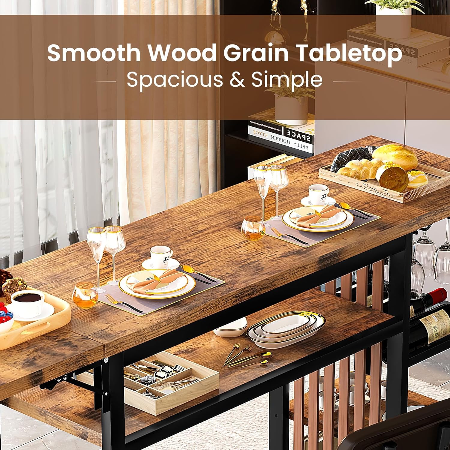 LinkRomat Bar Table Set, Modern Kitchen Dining Table with 4 Storage Shelves and 2 PU Back Stools for Kitchen and Breakfast Nook, Expandable 59 Inch