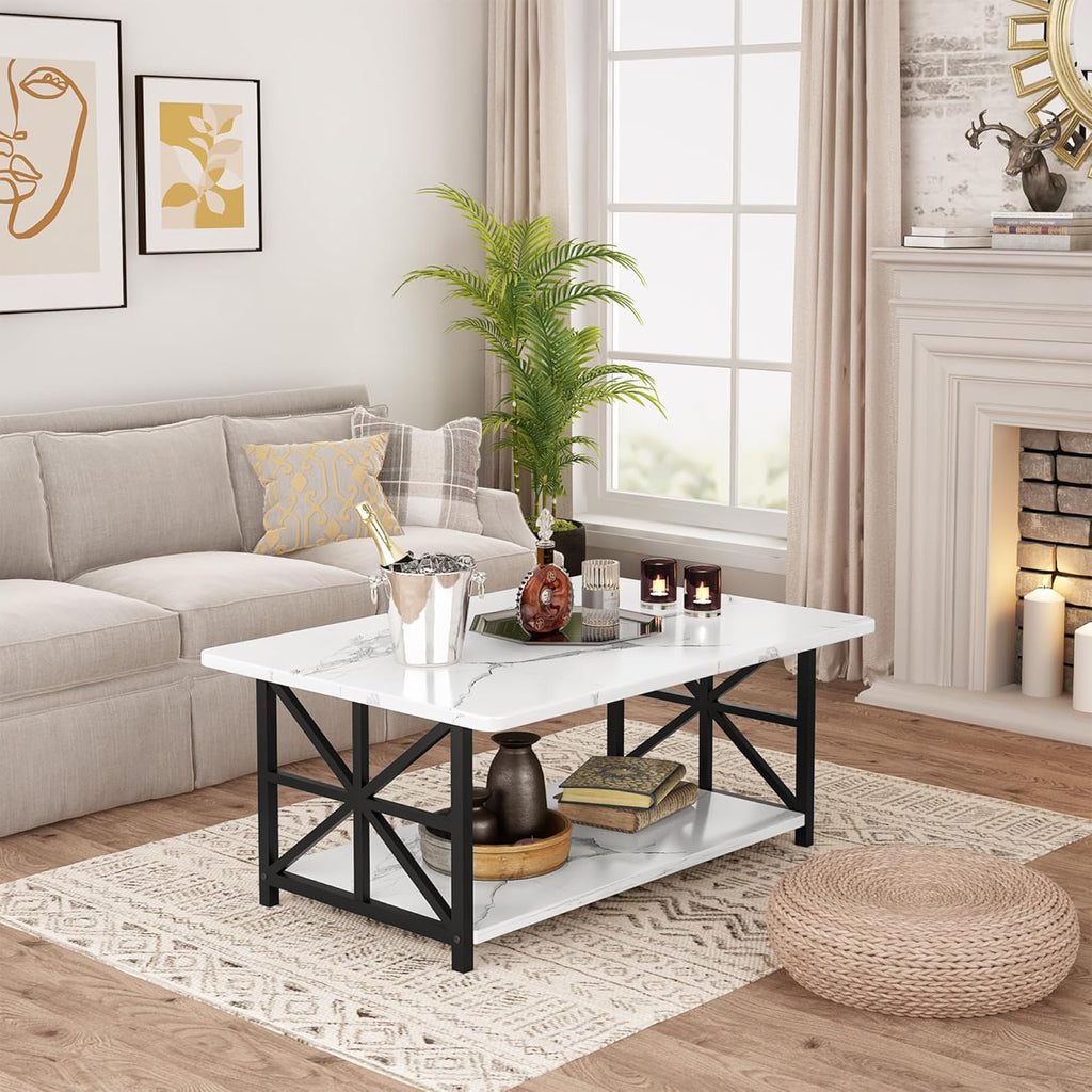 MOOSENG Coffee Table with Storage Shelf, 2-Tier Industrial Living Room Table Round Corners , Faux Marble Center Table with Metal Frame, Rustic Cocktail Table for Living Room