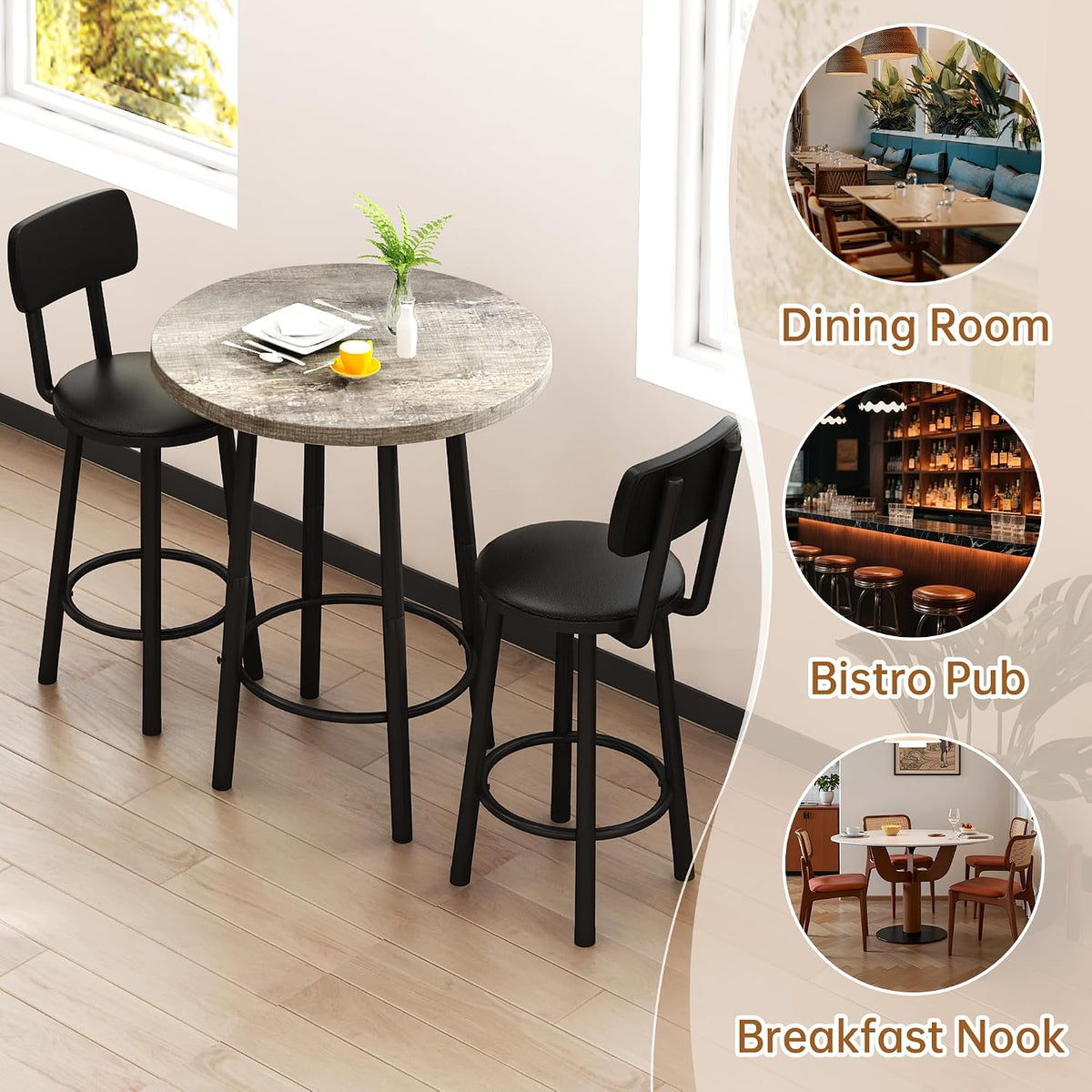 MOOSENG 3 Piece Counter Height Dining Table Set for 2, Bar Table Set of 2 Bistro Kitchen Table Sets with 2 PU Leather Bar Stools, Bar Table Set for Breakfast Nook Small Space