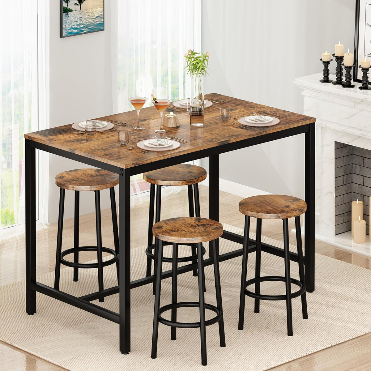 Recaceik Bar Table and Chairs Set, Industrial Counter 35.62" Height Pub Table with 4 Chairs Bar Table Set, 5 Pieces Dining Table Set Home Kitchen Breakfast Table