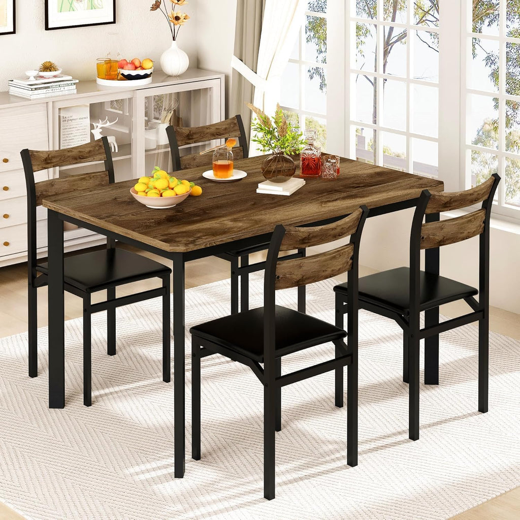 Cvortll Rectangle Wooden Dining Table Set for 4 with PU Leather Chairs, Modern Kitchen Table Set, Brown