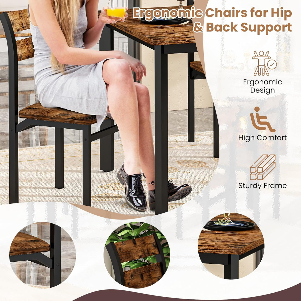 Cvortll 5 Piece Dining Table Set,47'' Table & 4 Ergonomic Chairs for Farmhouse & Kitchens or Apartments,Easy-Clean,Space-Saving,Rustic Brown