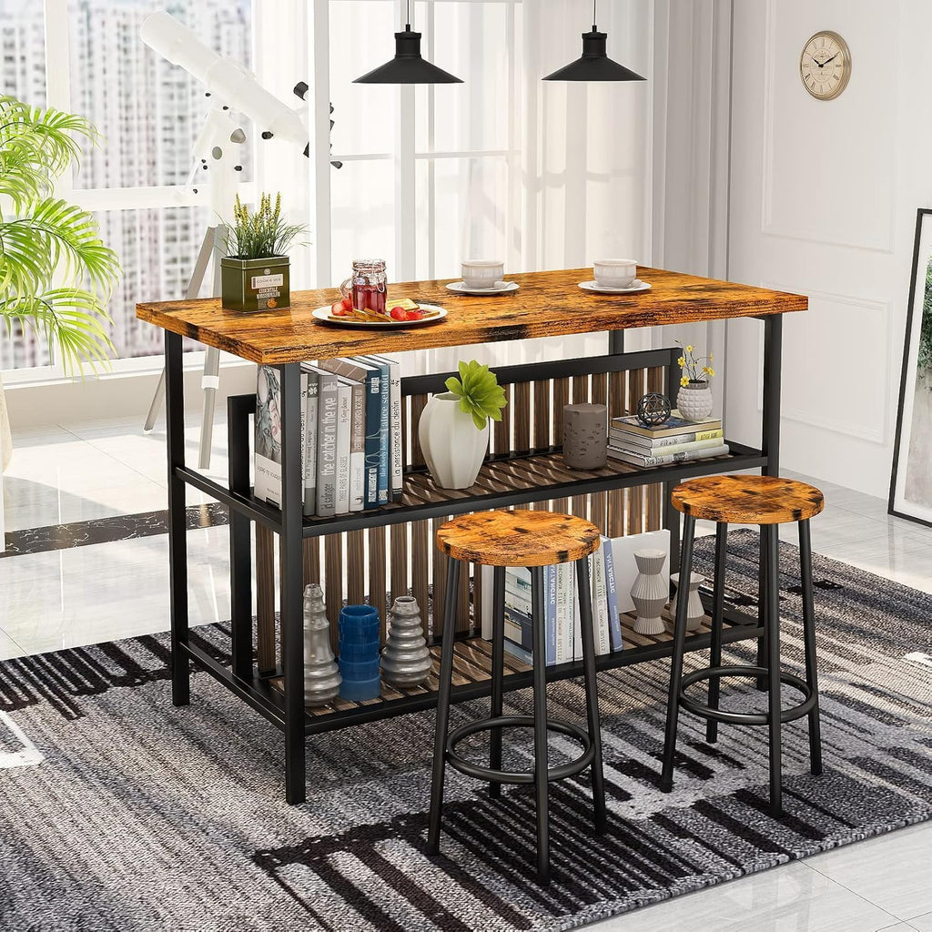 MOOSENG 3-Piece Kitchen Island Set with Storage, Wooden Bar Table and 2 Stools, Industrial Modern Counter Height Dining Table Sets for Small Spaces, Dining Room