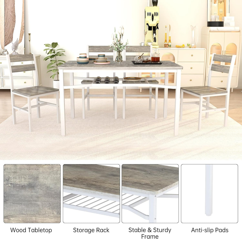MOOSENG 5-Piece Dining Table Set with Wine Rack, Wood Kitchen Table and Set of 4 Chairs, Space-Saving Farmhouse Dinette Set for Breakfast Nook, Apartment Brown
