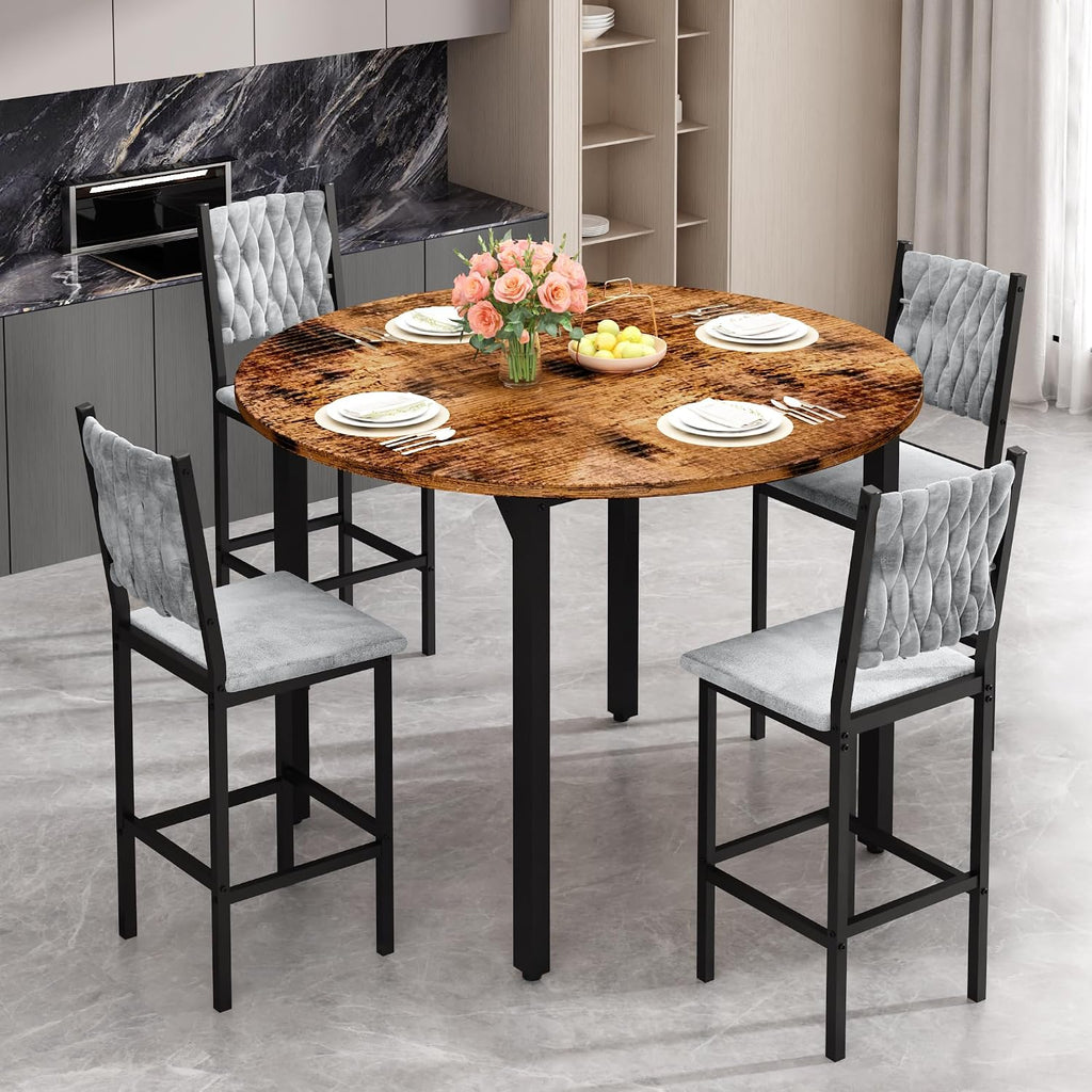 MOOSENG 5 Piece Round Dining Table Set for 4, Counter Height Dining Set with 4 Velvet Upholstered Chairs, Modern Kitchen Table Set, Round Dining Table & Chair for Small Spaces
