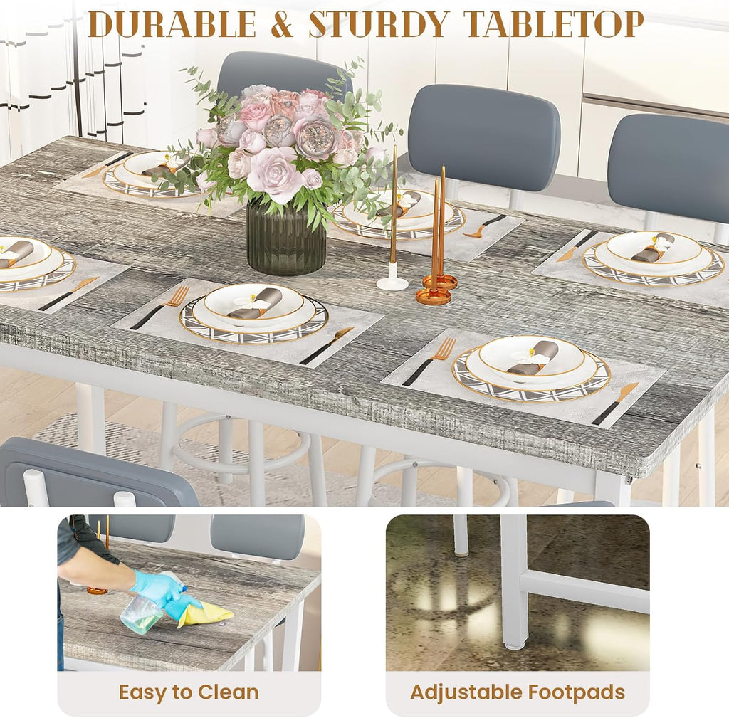 7-Piece Dining Table Set for 6, 50" Wood High-Dining Bistro Set with 6 Backrest Cushion Stools, Saving Space Pub and Chairs Sets for Bar, Kitchen, Gray