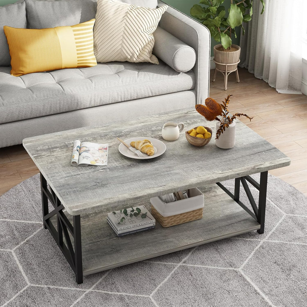 MOOSENG Coffee Table with Storage Shelf, 2-Tier Industrial Living Room Table Round Corners , Faux Marble Center Table with Metal Frame, Rustic Cocktail Table for Living Room