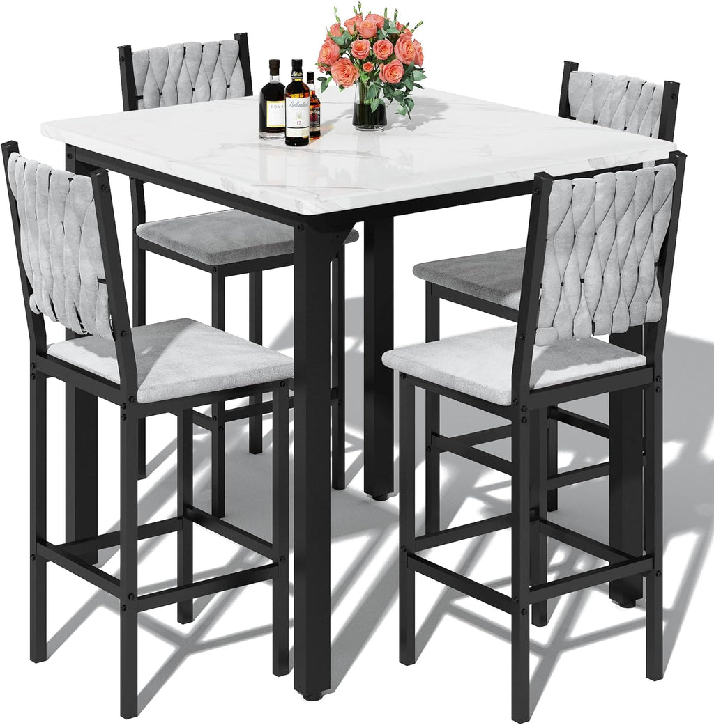 MOOSENG 5-Piece Counter Height Dining Table Set, Square Kitchen Table Set for 4 & 4 Velvet Bar Stools, Modern High Top Compact Dining Set Table for Small Spaces