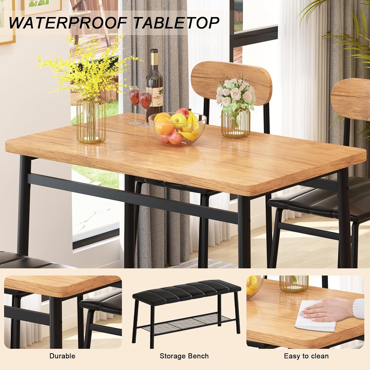 LinkRomat 4-Piece Dining Table Set with Bench & Chairs, Industrial Kitchen Table for 4, Metal Frame with Storage Rack, for Small Space, Apartment