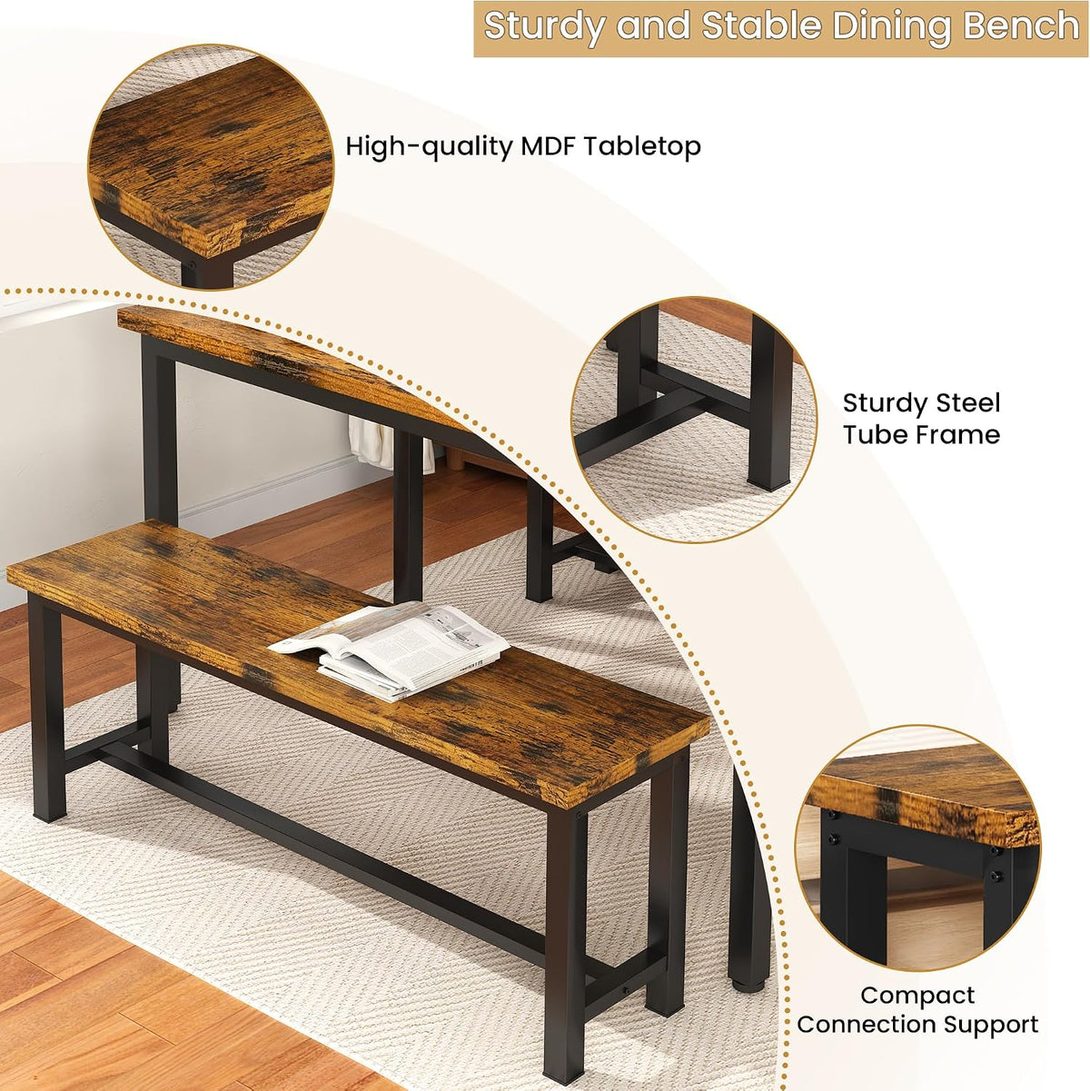 Cvortll 2-Pieces Dining Bench, 39" Rustic Wood Dining Bench Set of 2, Indoor Bench with Metal Legs, Durable and Stable for Kitchen, Living Room, Bedroom, Brown