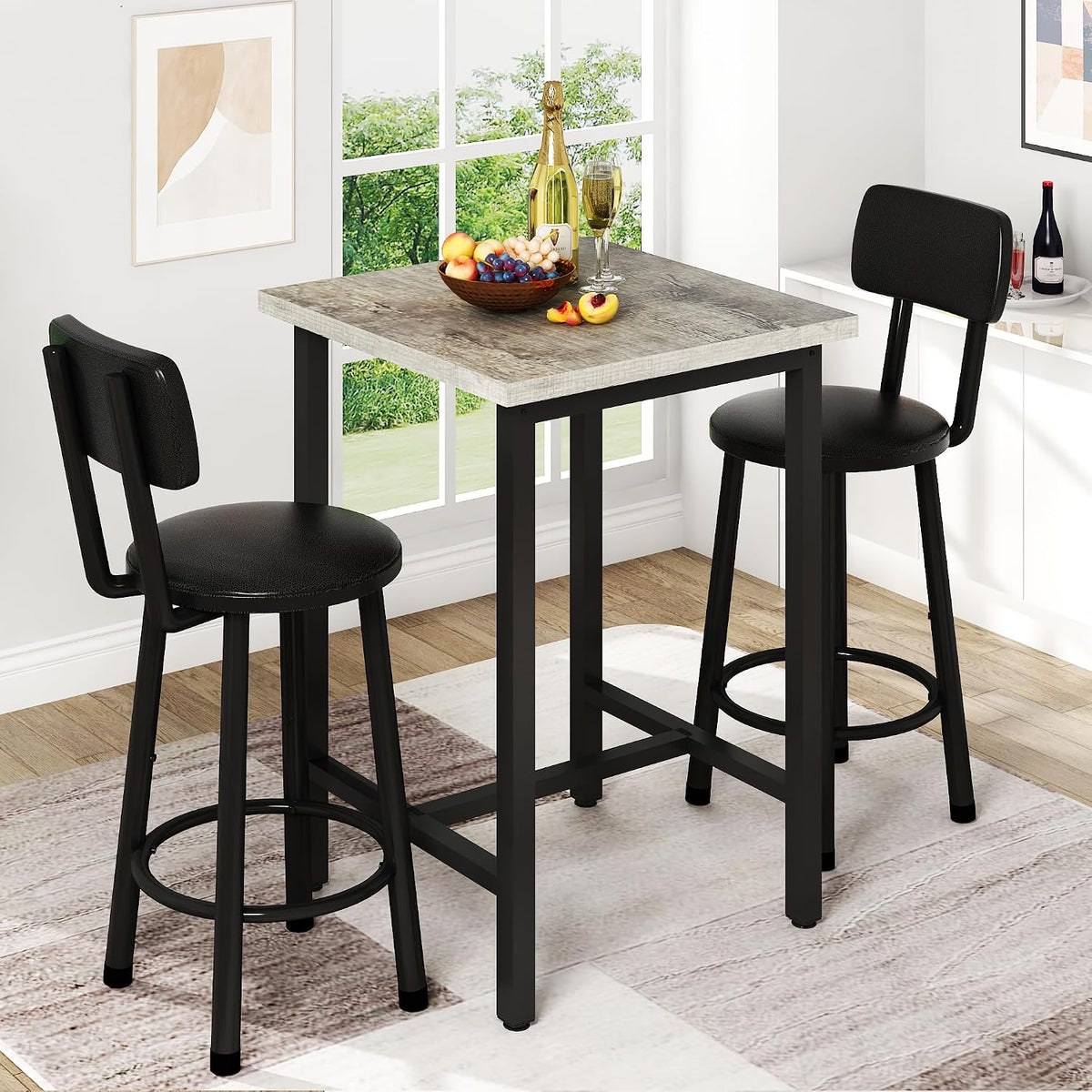 MOOSENG 3 Piece Counter Height Dining Table Set for 2, Bar Table Set of 2 Bistro Kitchen Table Sets with 2 PU Leather Bar Stools, Bar Table Set for Breakfast Nook Small Space