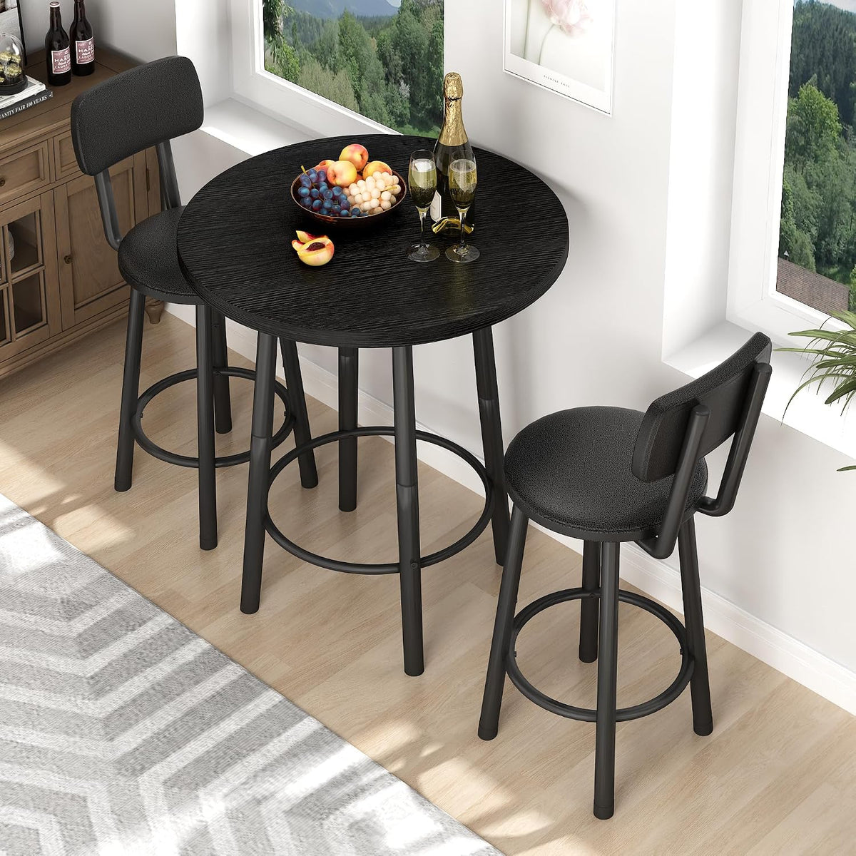 MOOSENG 3 Piece Counter Height Dining Table Set for 2, Bar Table Set of 2 Bistro Kitchen Table Sets with 2 PU Leather Bar Stools, Bar Table Set for Breakfast Nook Small Space