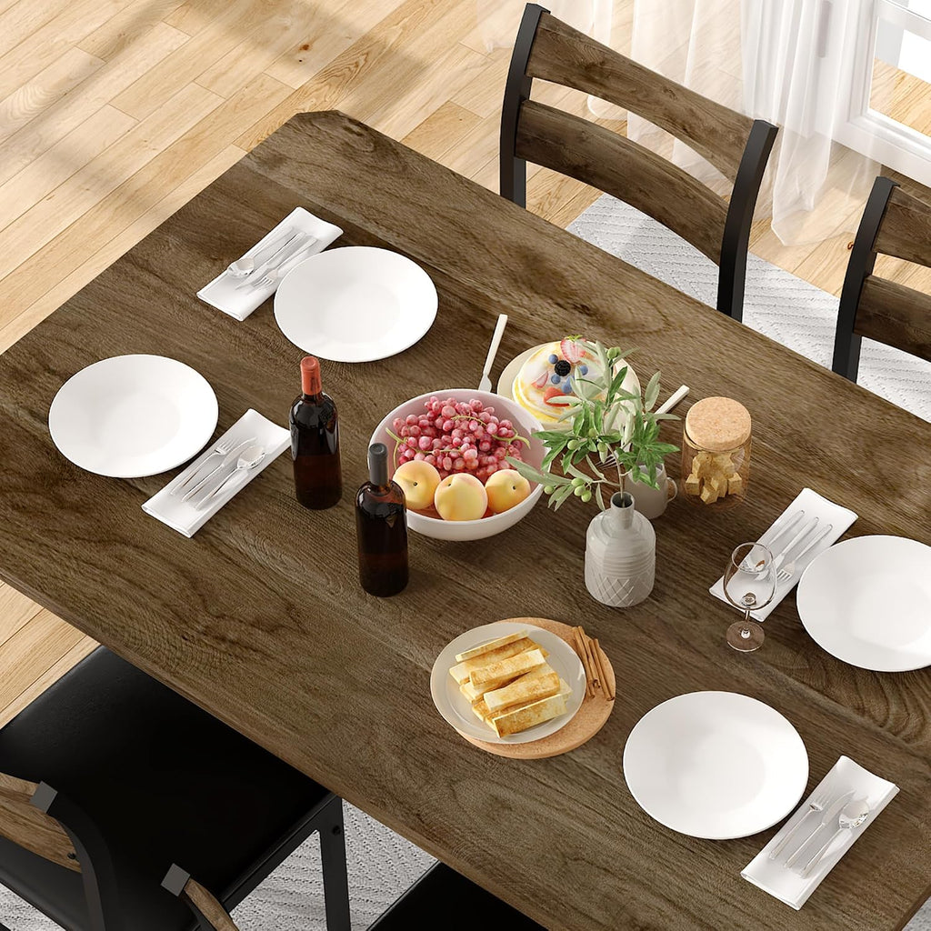 Cvortll Rectangle Wooden Dining Table Set for 4 with PU Leather Chairs, Modern Kitchen Table Set, Brown