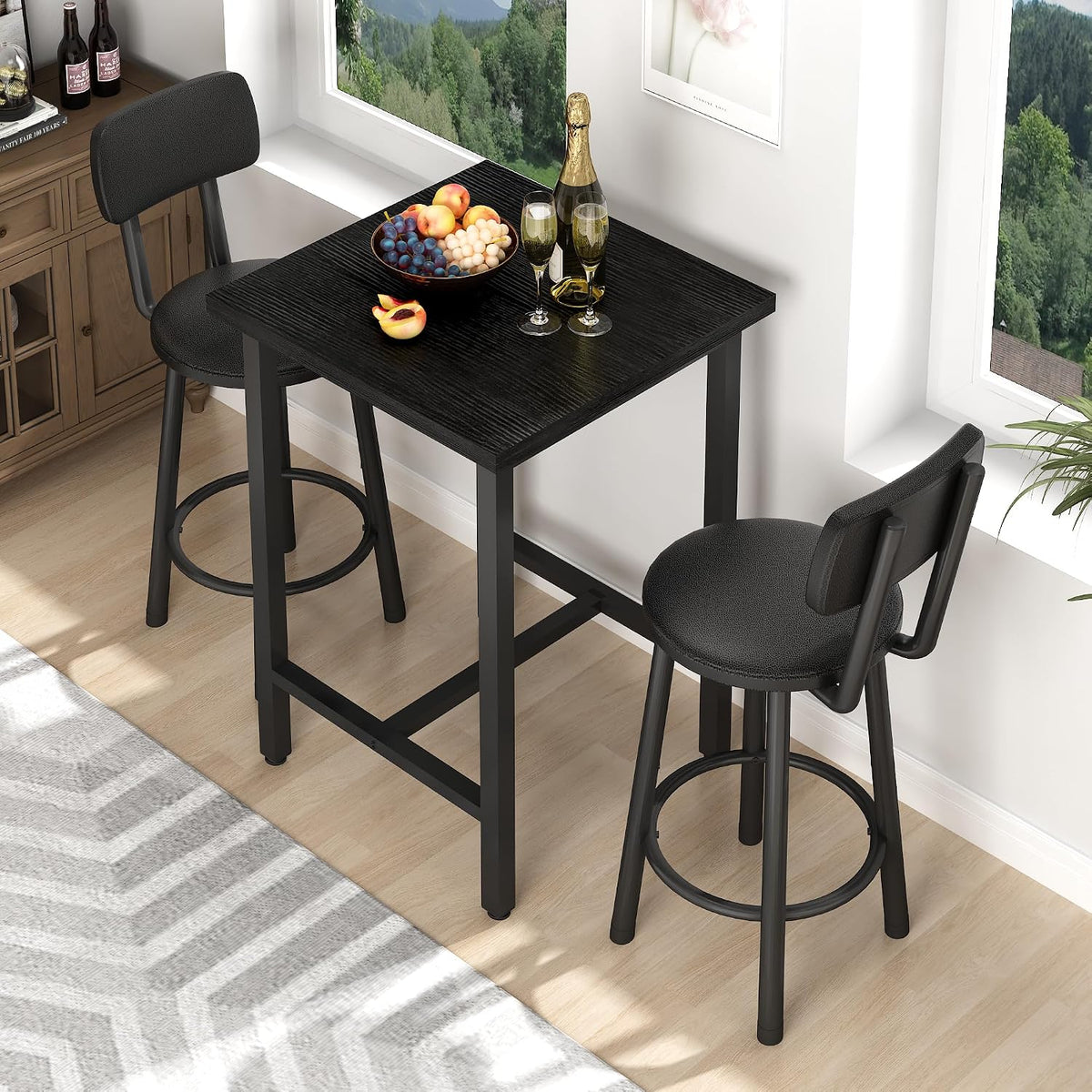 MOOSENG 3 Piece Counter Height Dining Table Set for 2, Bar Table Set of 2 Bistro Kitchen Table Sets with 2 PU Leather Bar Stools, Bar Table Set for Breakfast Nook Small Space