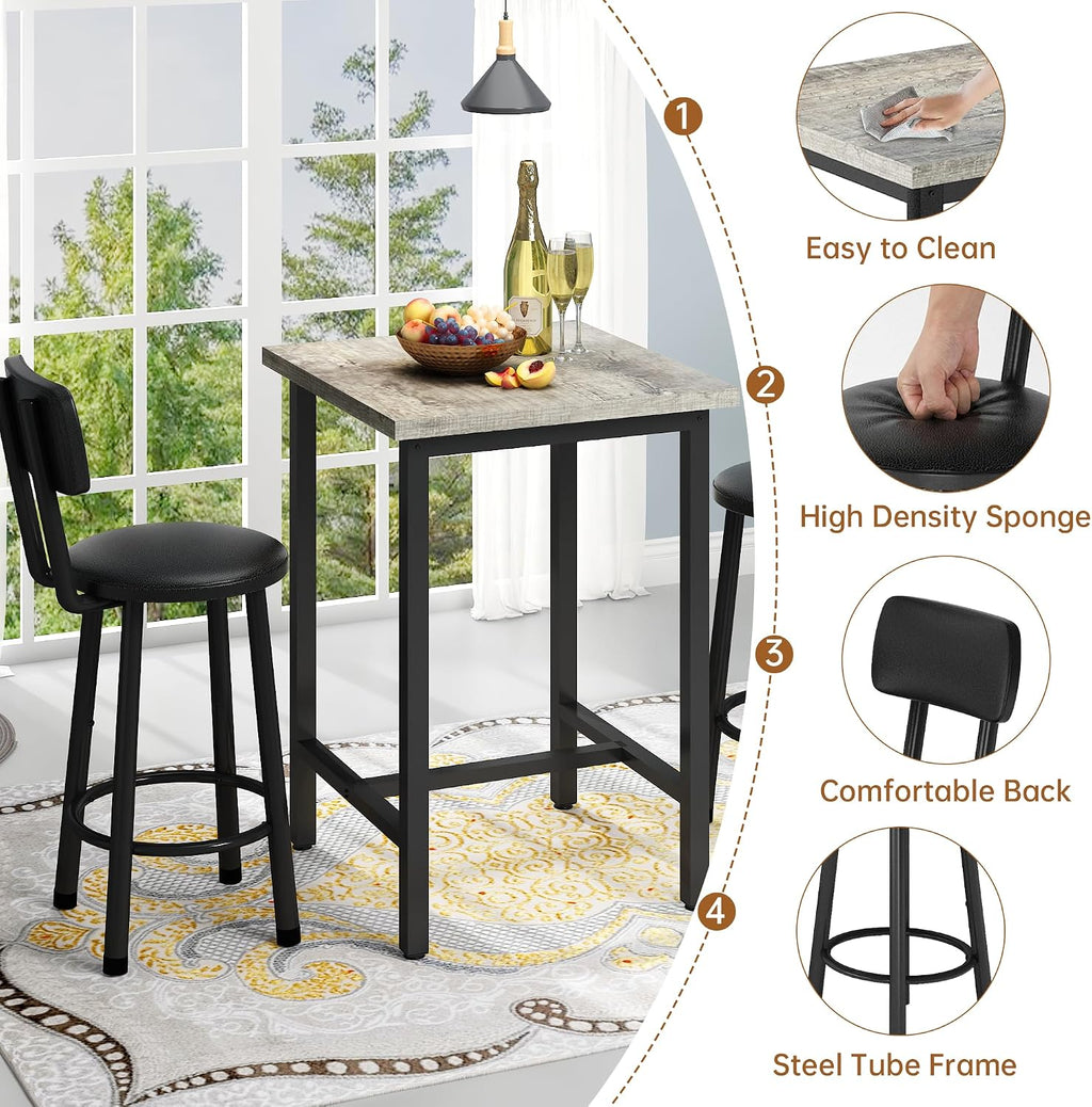 MOOSENG 3 Piece Counter Height Dining Table Set for 2, Bar Table Set of 2 Bistro Kitchen Table Sets with 2 PU Leather Bar Stools, Bar Table Set for Breakfast Nook Small Space