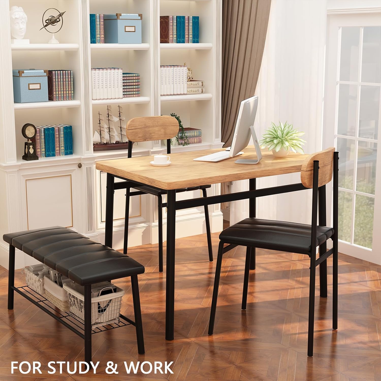 LinkRomat 4-Piece Dining Table Set with Bench & Chairs, Industrial Kitchen Table for 4, Metal Frame with Storage Rack, for Small Space, Apartment