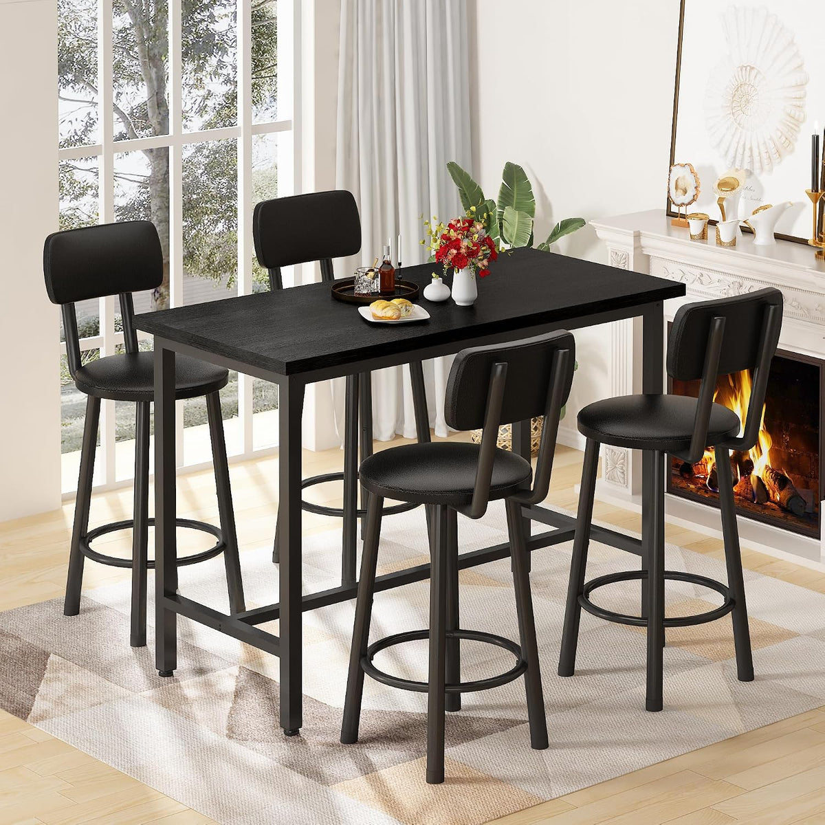 MOOSENG 4-Piece Counter Height Bar Table Dining Set with Metal Frame & 4 PU Stools, Space-Saving for Kitchen, Restaurant, Small Apartment