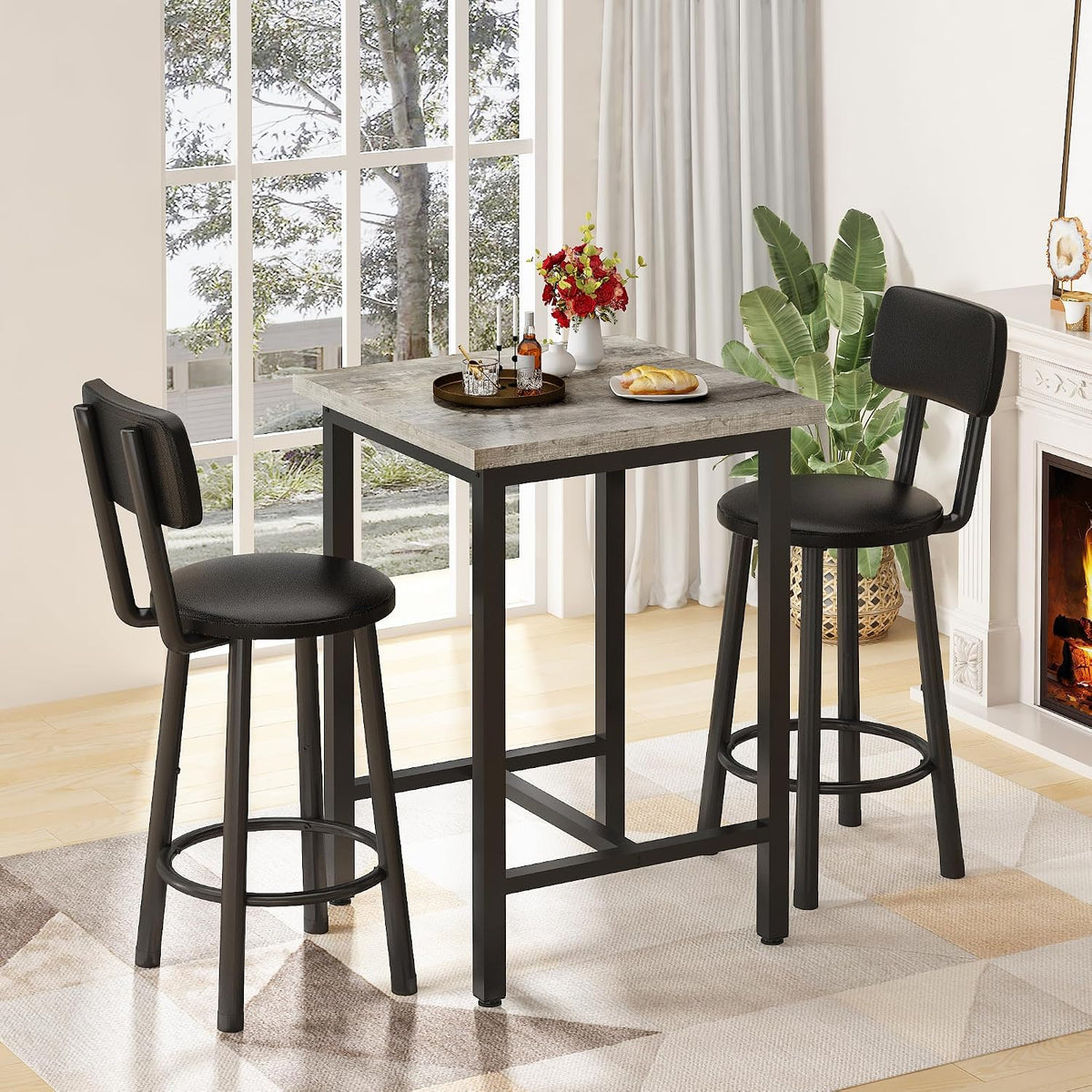 MOOSENG 3 Piece Counter Height Dining Table Set for 2, Bar Table Set of 2 Bistro Kitchen Table Sets with 2 PU Leather Bar Stools, Bar Table Set for Breakfast Nook Small Space