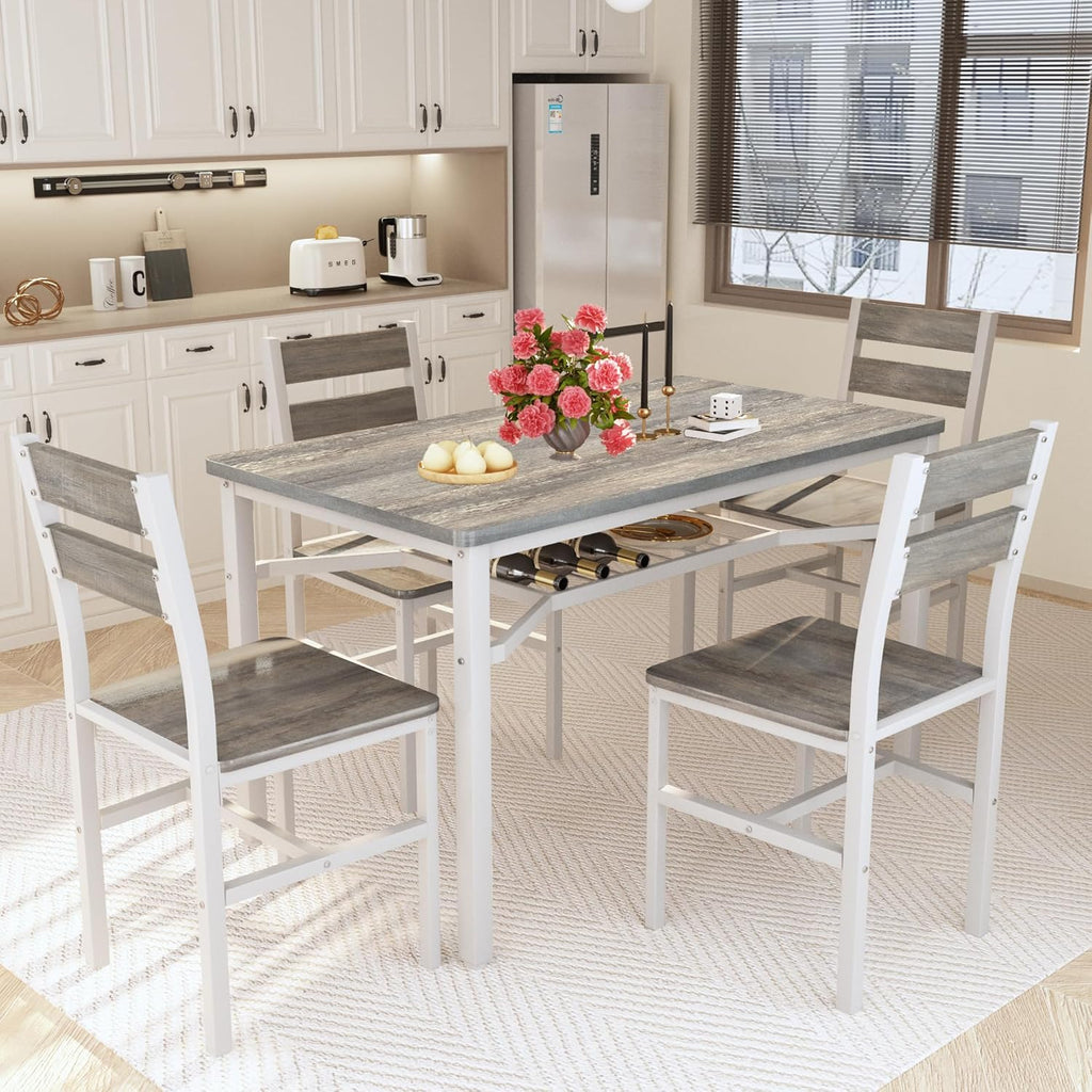 MOOSENG 5-Piece Dining Table Set with Wine Rack, Wood Kitchen Table and Set of 4 Chairs, Space-Saving Farmhouse Dinette Set for Breakfast Nook, Apartment Brown