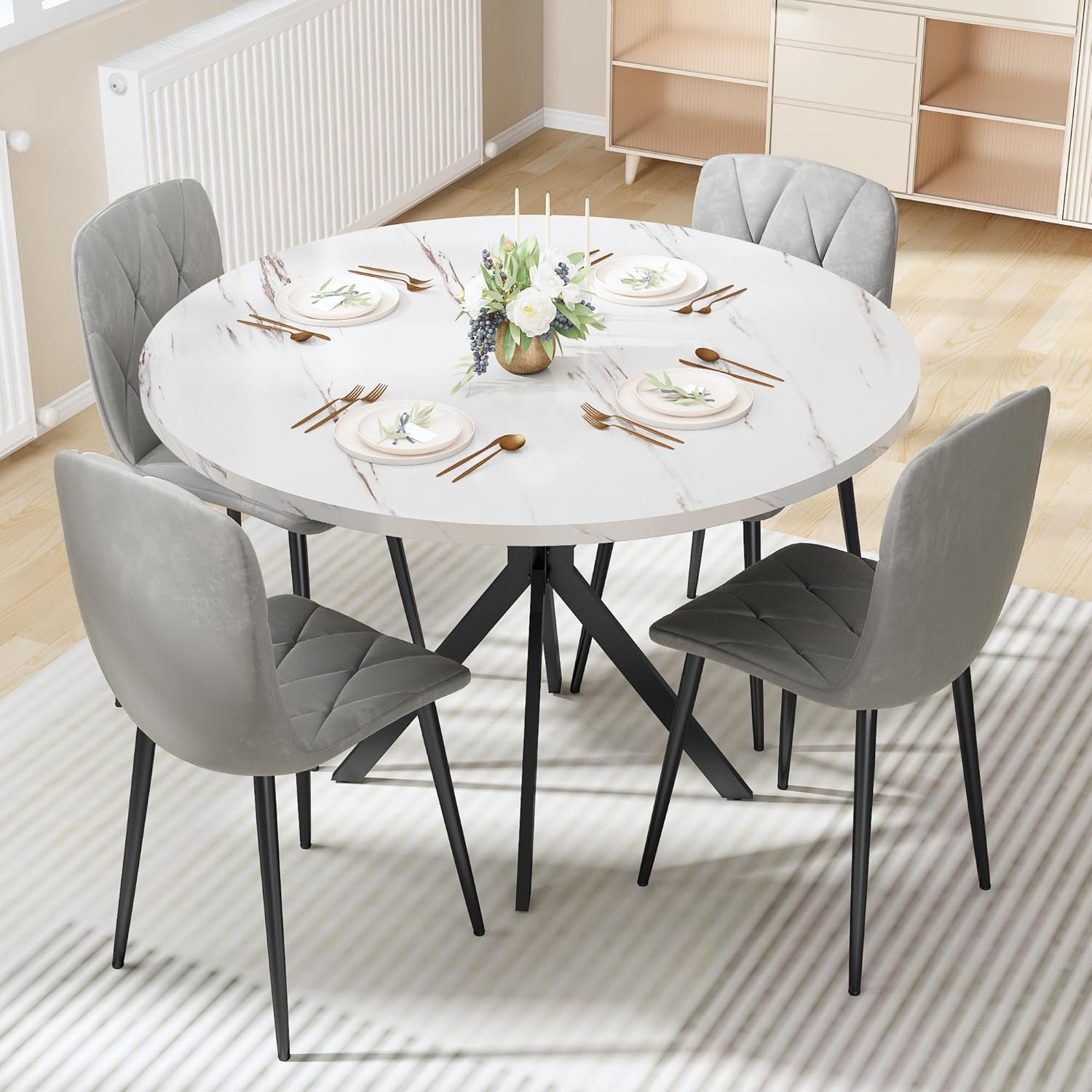 LinkRomat Round Kitchen Table and Chairs Set, 5-Piece Dining Room Table Set with Faux Marble Top & 4 Luxury Diamond Tufted Chairs, Used in Kitchens and Dining