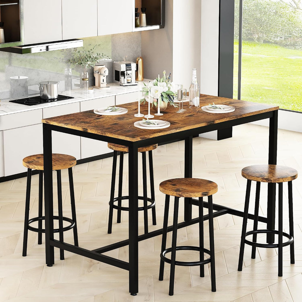 Recaceik Bar Table and Chairs Set, Industrial Counter 35.62" Height Pub Table with 4 Chairs Bar Table Set, 5 Pieces Dining Table Set Home Kitchen Breakfast Table