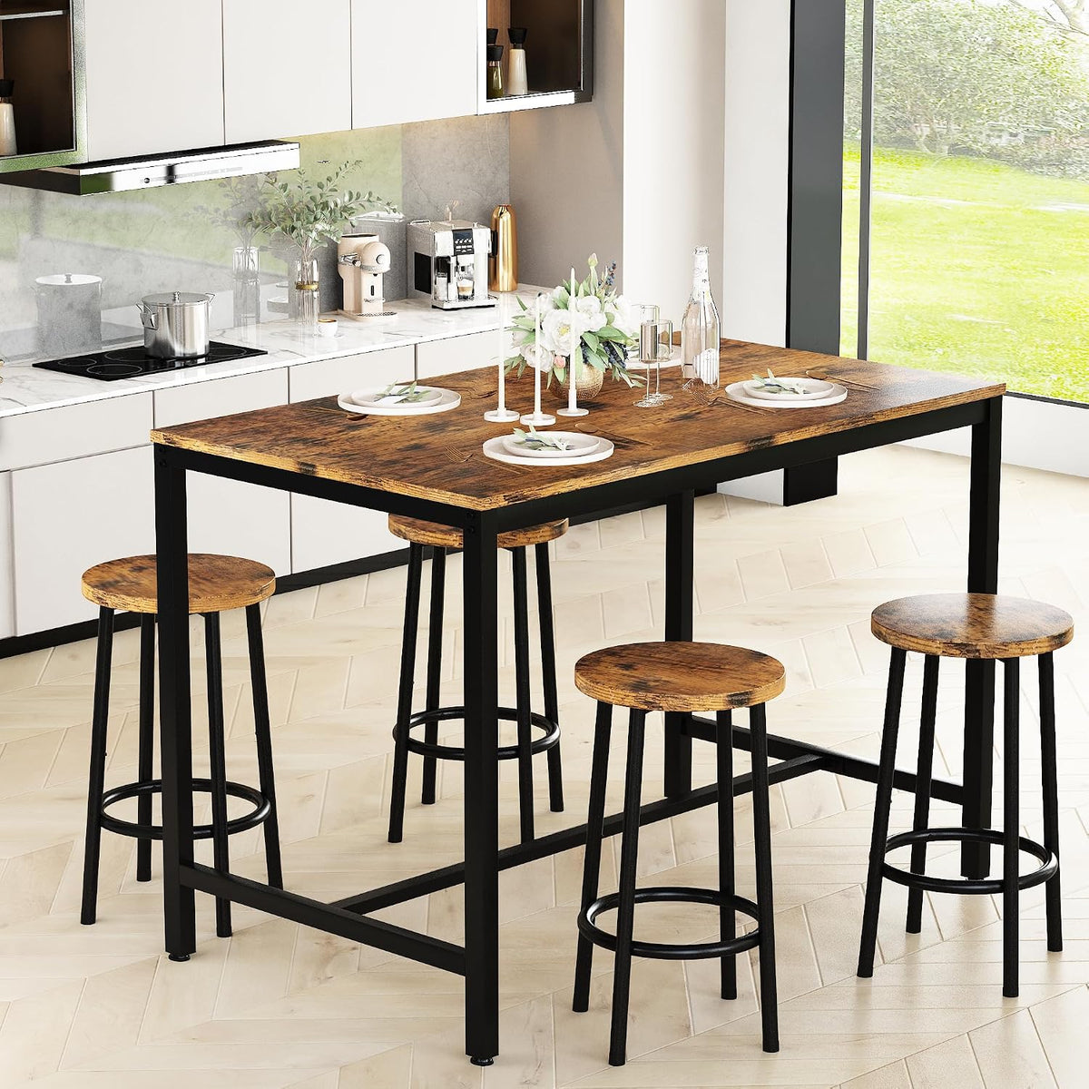 Recaceik Bar Table and Chairs Set, Industrial Counter 35.62" Height Pub Table with 4 Chairs Bar Table Set, 5 Pieces Dining Table Set Home Kitchen Breakfast Table