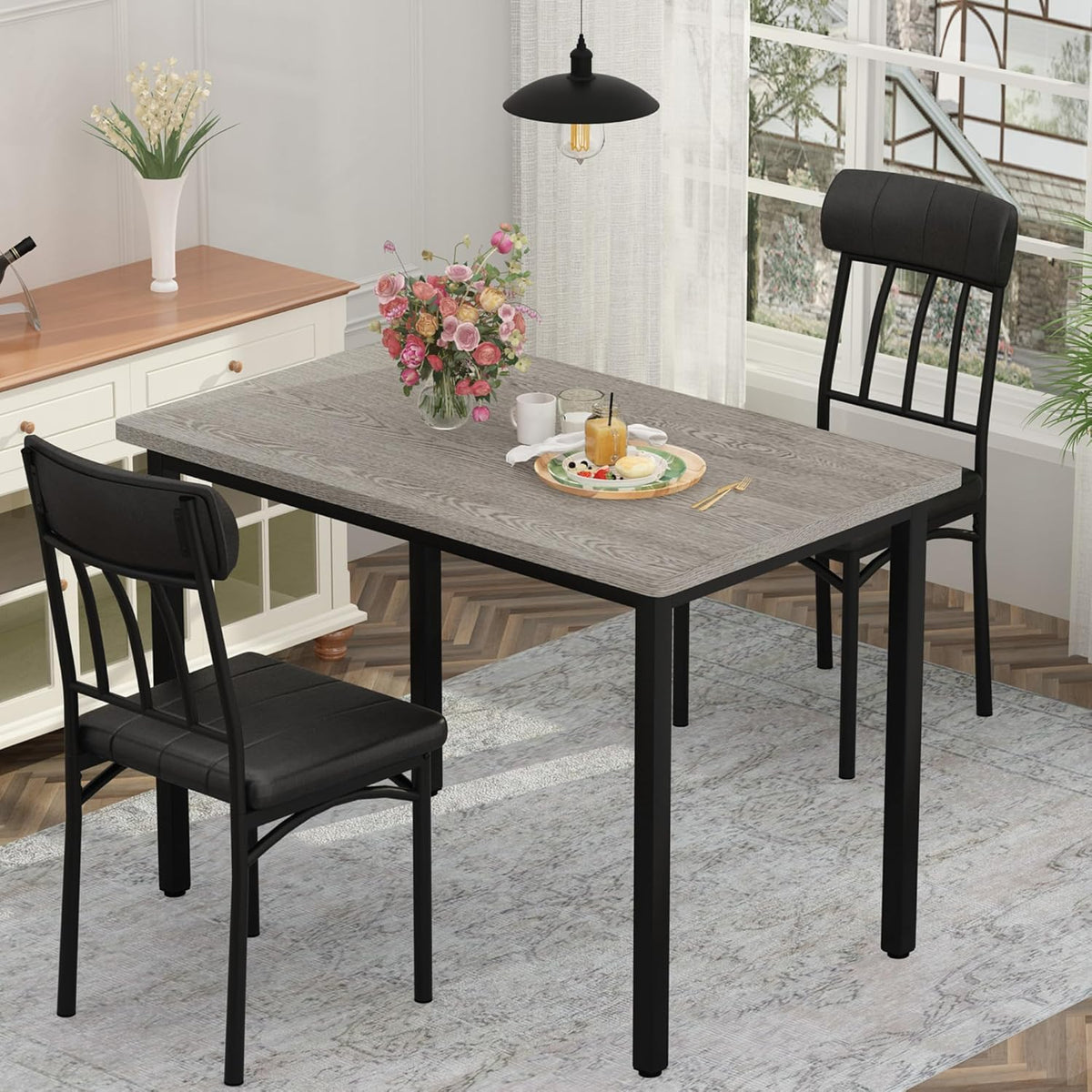 MOOSENG 3-Piece Dining Table Set for 2, Modern Style Kitchen Table and 2 Chairs, Compact Industrial Breakfast Nook Set for Small Spaces, Apartments, Living Room