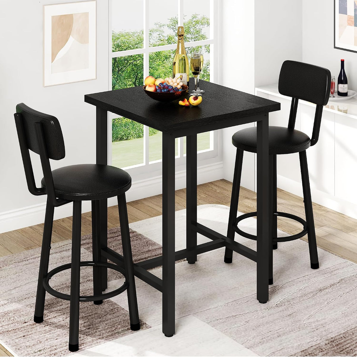 MOOSENG 3 Piece Counter Height Dining Table Set for 2, Bar Table Set of 2 Bistro Kitchen Table Sets with 2 PU Leather Bar Stools, Bar Table Set for Breakfast Nook Small Space