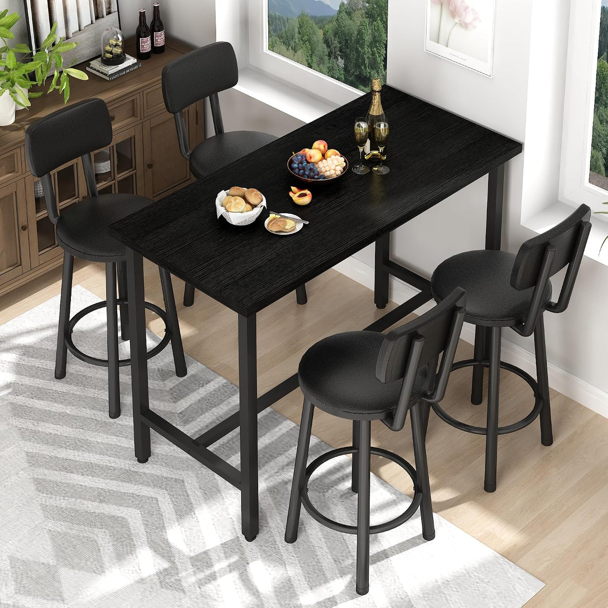 MOOSENG 4-Piece Counter Height Bar Table Dining Set with Metal Frame & 4 PU Stools, Space-Saving for Kitchen, Restaurant, Small Apartment