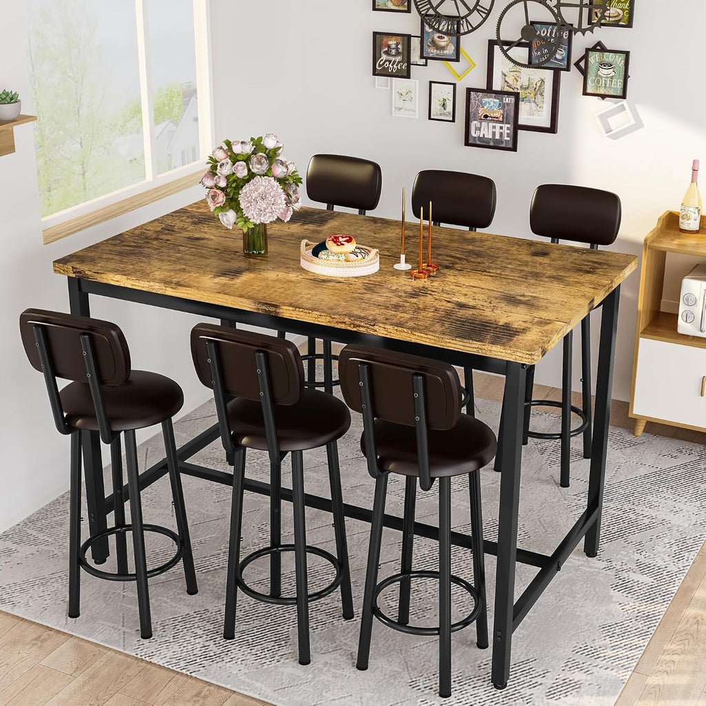 7-Piece Dining Table Set for 6, 50" Wood High-Dining Bistro Set with 6 Backrest Cushion Stools, Saving Space Pub and Chairs Sets for Bar, Kitchen, Gray