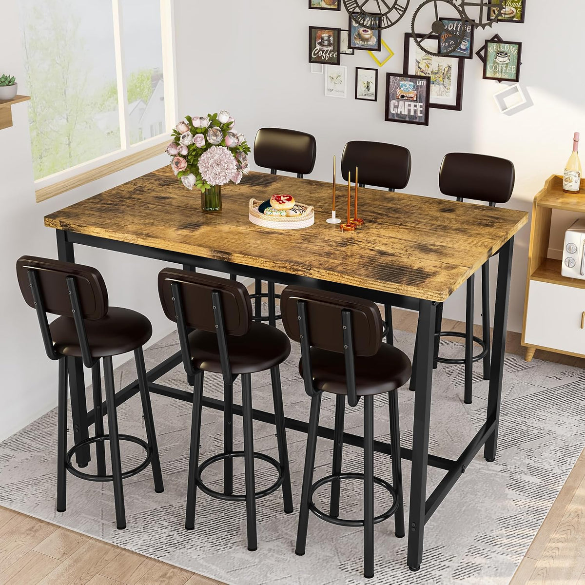 7-Piece Dining Table Set for 6, 50" Wood High-Dining Bistro Set with 6 Backrest Cushion Stools, Saving Space Pub and Chairs Sets for Bar, Kitchen, Gray