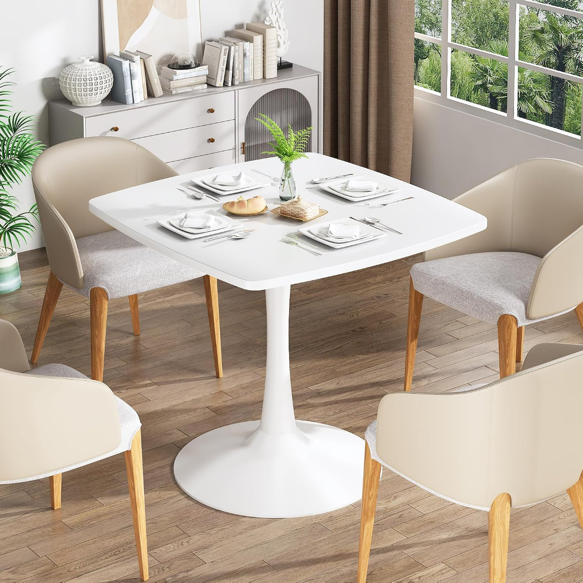 Cvortll White Square Dining Table, Mid-Century Modern Tulip Pedestal Dining Table, Kitchen and Living Room Table for Small Spaces