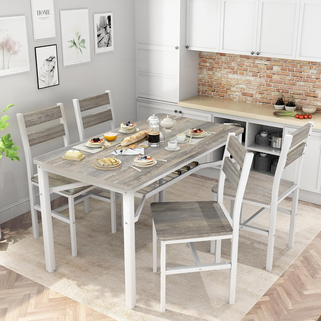 MOOSENG 5-Piece Dining Table Set with Wine Rack, Wood Kitchen Table and Set of 4 Chairs, Space-Saving Farmhouse Dinette Set for Breakfast Nook, Apartment Brown