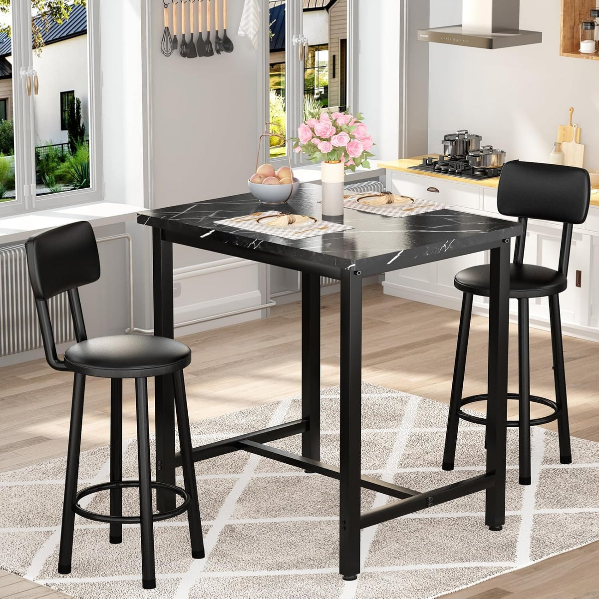 MOOSENG 3 Piece Counter Height Dining Table Set for 2, Bar Table Set of 2 Bistro Kitchen Table Sets with 2 PU Leather Bar Stools, Bar Table Set for Breakfast Nook Small Space