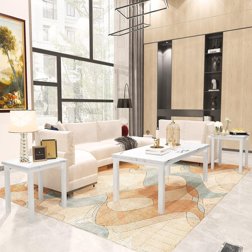 Cvortll 3-Piece Coffee Table Set, Modern Faux Marble Nesting Tables with Sturdy Metal Frame, Living Room Furniture Set Including Coffee Table and Square End Tables