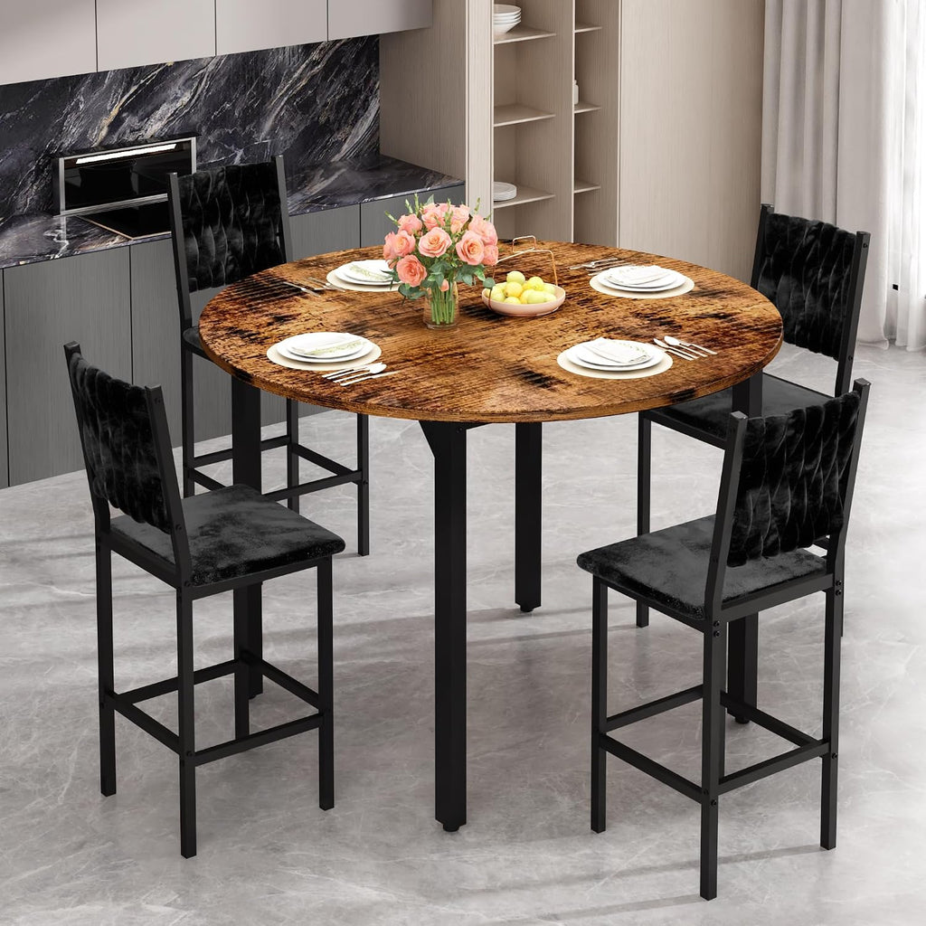 MOOSENG 5 Piece Round Dining Table Set for 4, Counter Height Dining Set with 4 Velvet Upholstered Chairs, Modern Kitchen Table Set, Round Dining Table & Chair for Small Spaces
