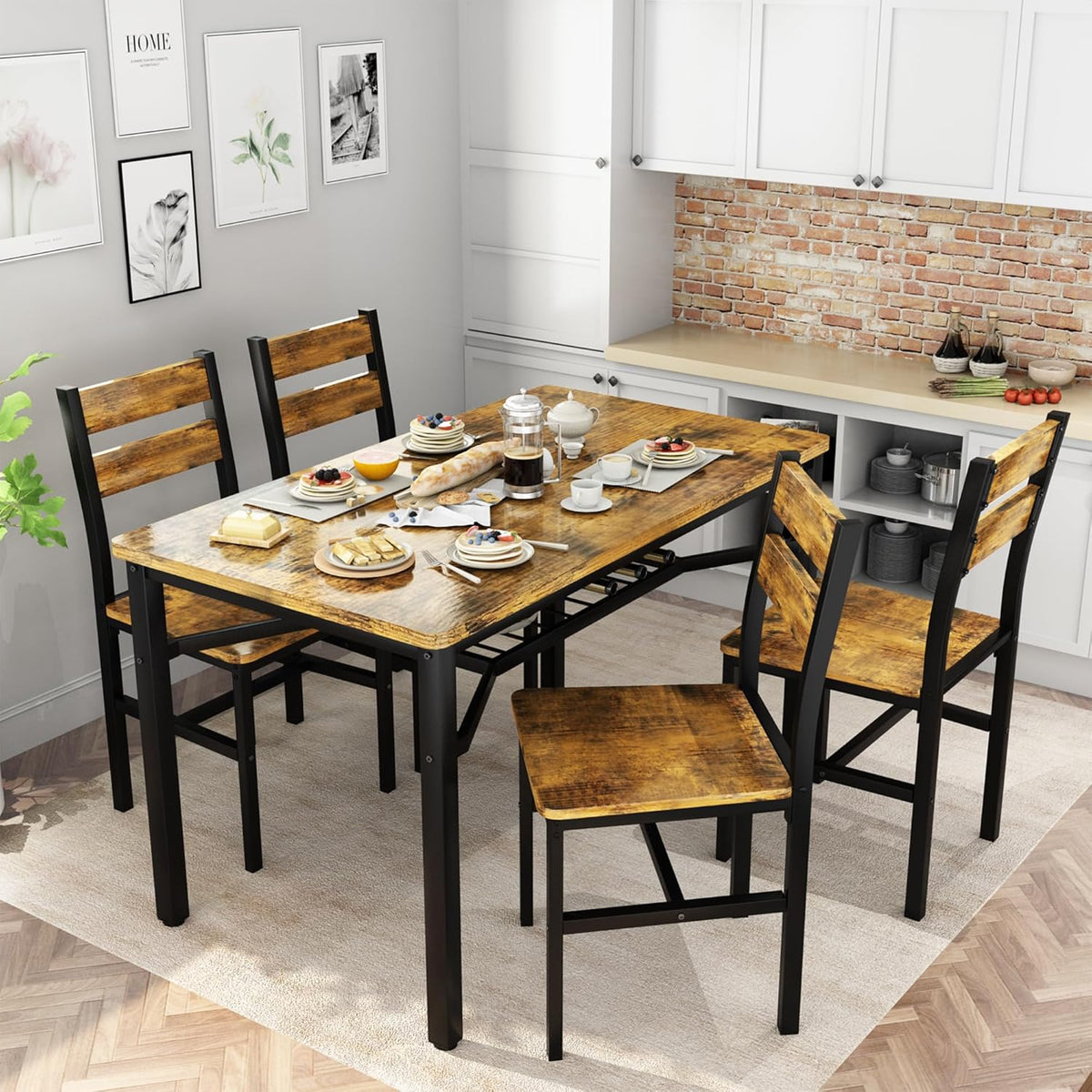 MOOSENG 5-Piece Dining Table Set with Wine Rack, Wood Kitchen Table and Set of 4 Chairs, Space-Saving Farmhouse Dinette Set for Breakfast Nook, Apartment Brown