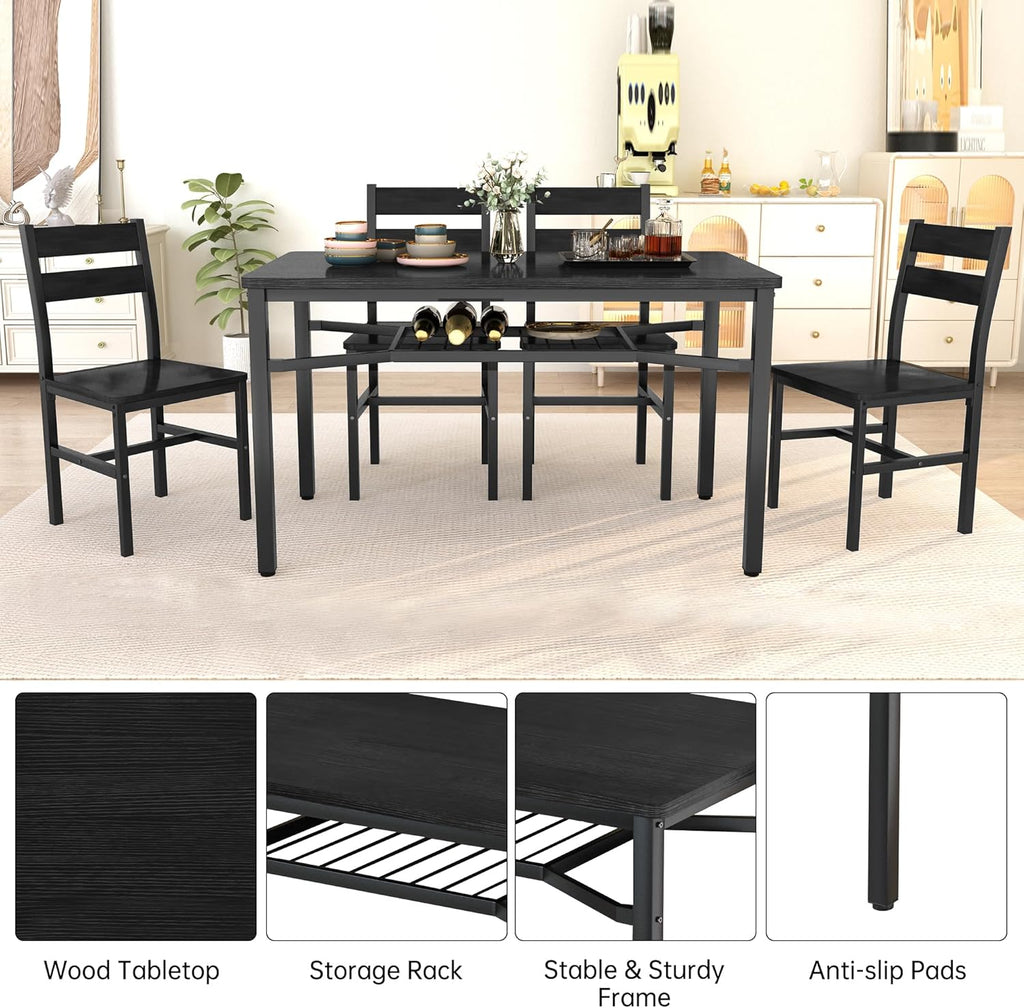 MOOSENG 5-Piece Dining Table Set with Wine Rack, Wood Kitchen Table and Set of 4 Chairs, Space-Saving Farmhouse Dinette Set for Breakfast Nook, Apartment Brown