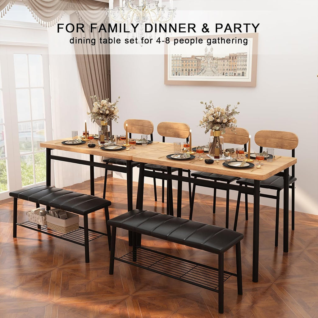 LinkRomat 4-Piece Dining Table Set with Bench & Chairs, Industrial Kitchen Table for 4, Metal Frame with Storage Rack, for Small Space, Apartment