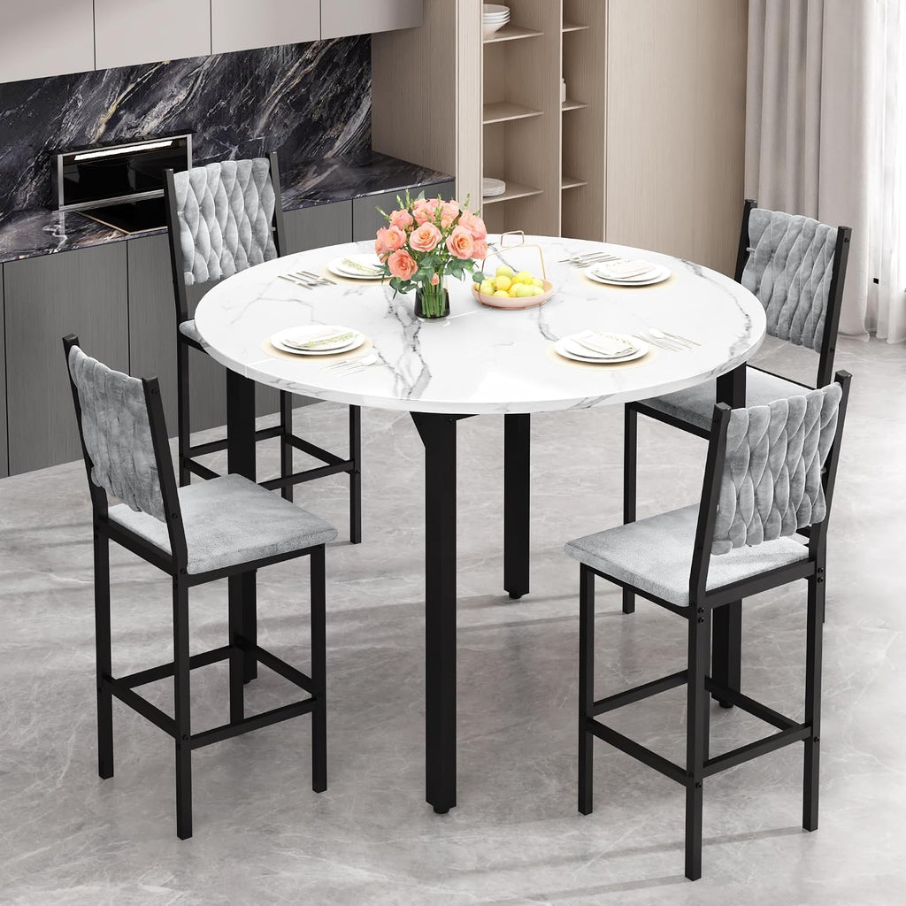 MOOSENG 5 Piece Round Dining Table Set for 4, Counter Height Dining Set with 4 Velvet Upholstered Chairs, Modern Kitchen Table Set, Round Dining Table & Chair for Small Spaces