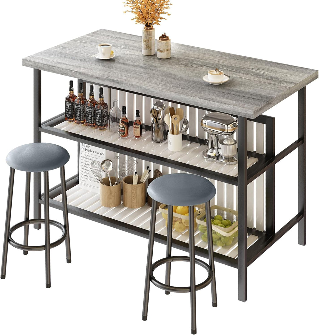 MOOSENG 3-Piece Kitchen Island Set with Storage, Wooden Bar Table and 2 Stools, Industrial Modern Counter Height Dining Table Sets for Small Spaces, Dining Room