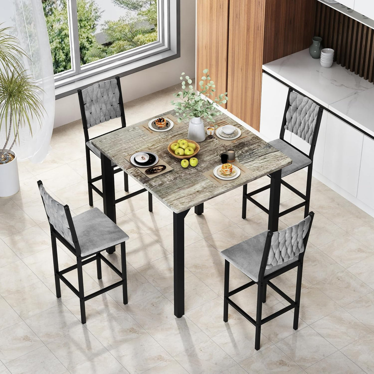 MOOSENG 5-Piece Counter Height Dining Table Set, Square Kitchen Table Set for 4 & 4 Velvet Bar Stools, Modern High Top Compact Dining Set Table for Small Spaces
