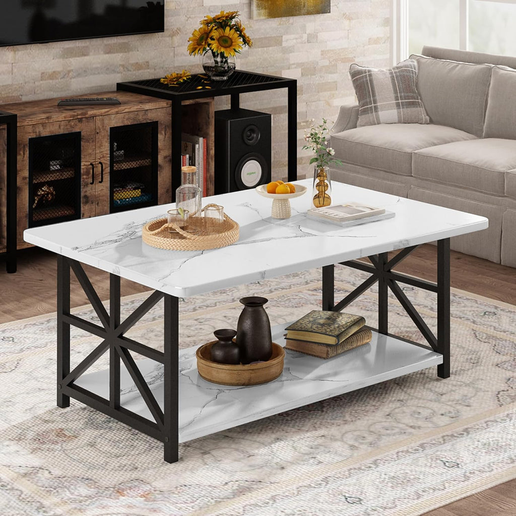 MOOSENG Coffee Table with Storage Shelf, 2-Tier Industrial Living Room Table Round Corners , Faux Marble Center Table with Metal Frame, Rustic Cocktail Table for Living Room