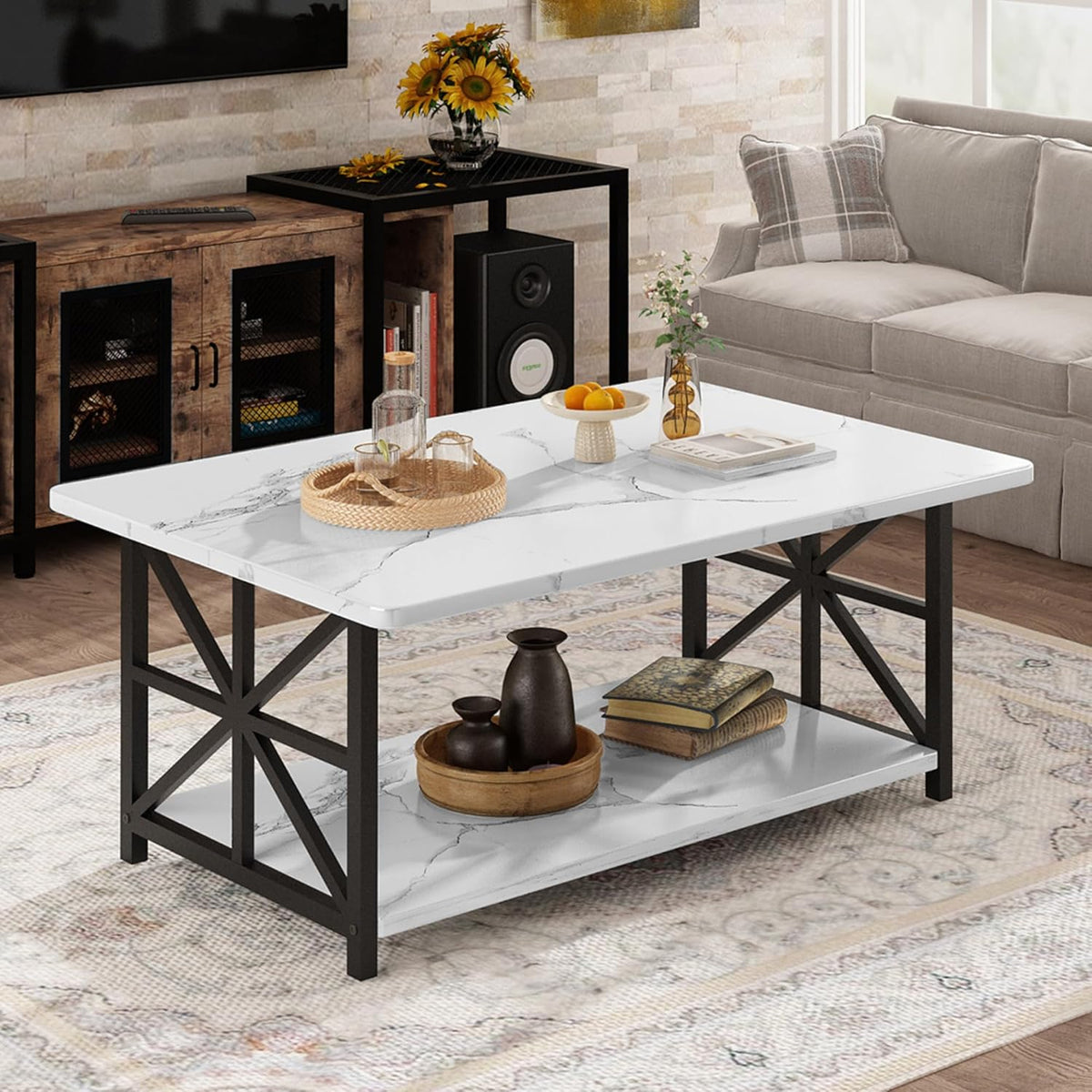 MOOSENG Coffee Table with Storage Shelf, 2-Tier Industrial Living Room Table Round Corners , Faux Marble Center Table with Metal Frame, Rustic Cocktail Table for Living Room